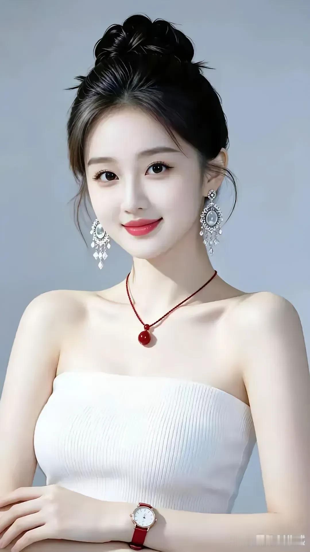 一剪梅·玉靥凝芳
 
高髻云鬟绾素光，皓颈凝霜，玉靥含香。
银珰垂露映明妆，红绳
