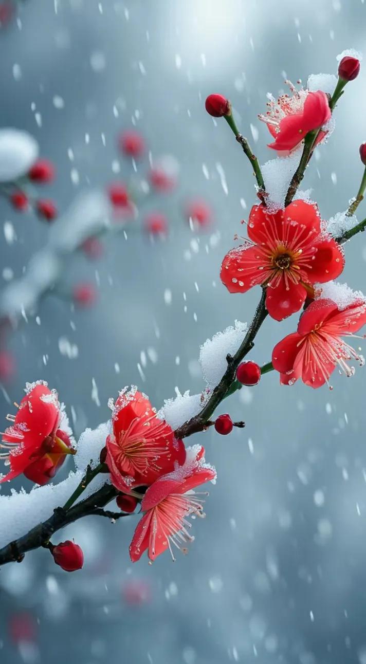 雪中傲梅红似火，冬日美景动人心。冬日早梅 雪梅图景