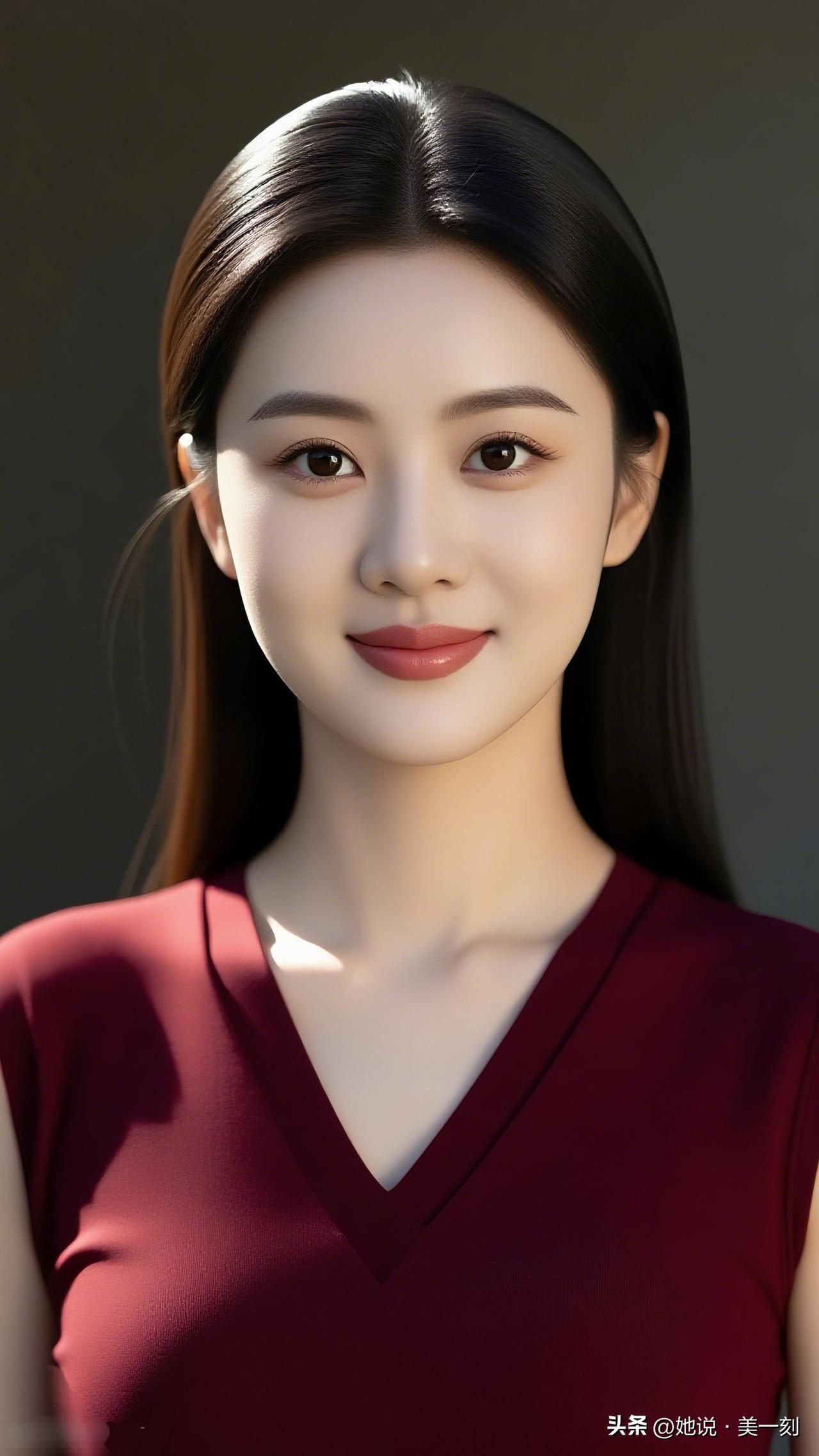 温柔甜美的微笑，酒红色V领上衣，散发着优雅与自信。女人最耐看的长相是什么样的