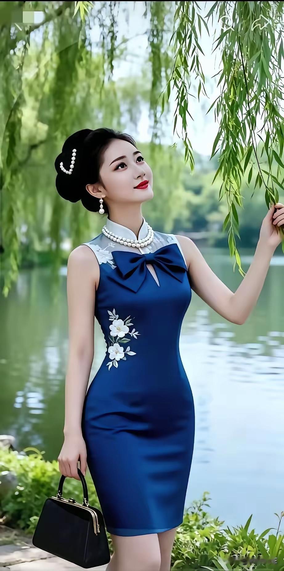 这位女士在湖边摆拍，真漂亮！