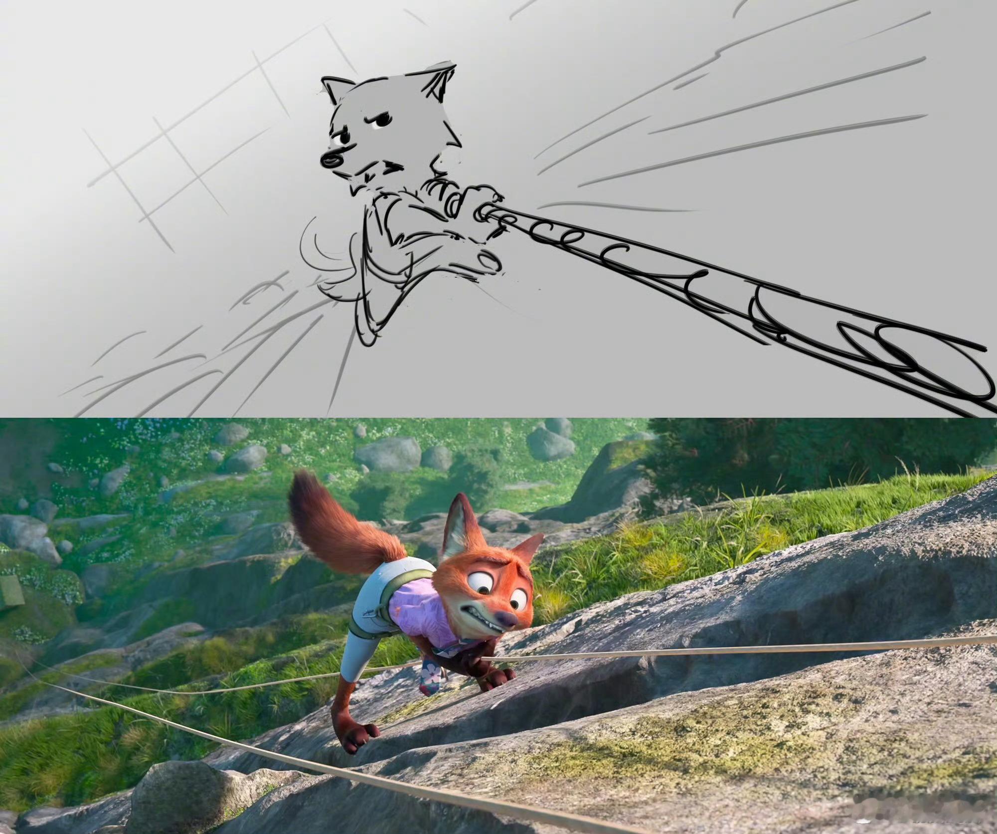 《疯狂动物城2 》爬悬崖戏线稿故事版VS最终版，图片作者Sandeepan Ch