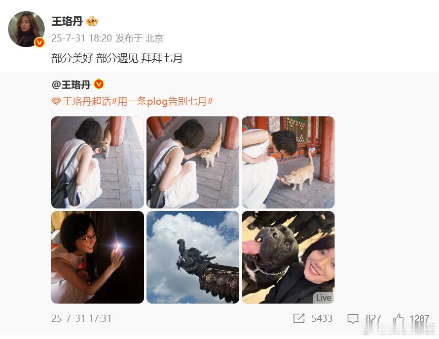 王珞丹自己转发自己 转发自己的图文告别七月，“部分美好 部分遇见 拜拜七月”，和