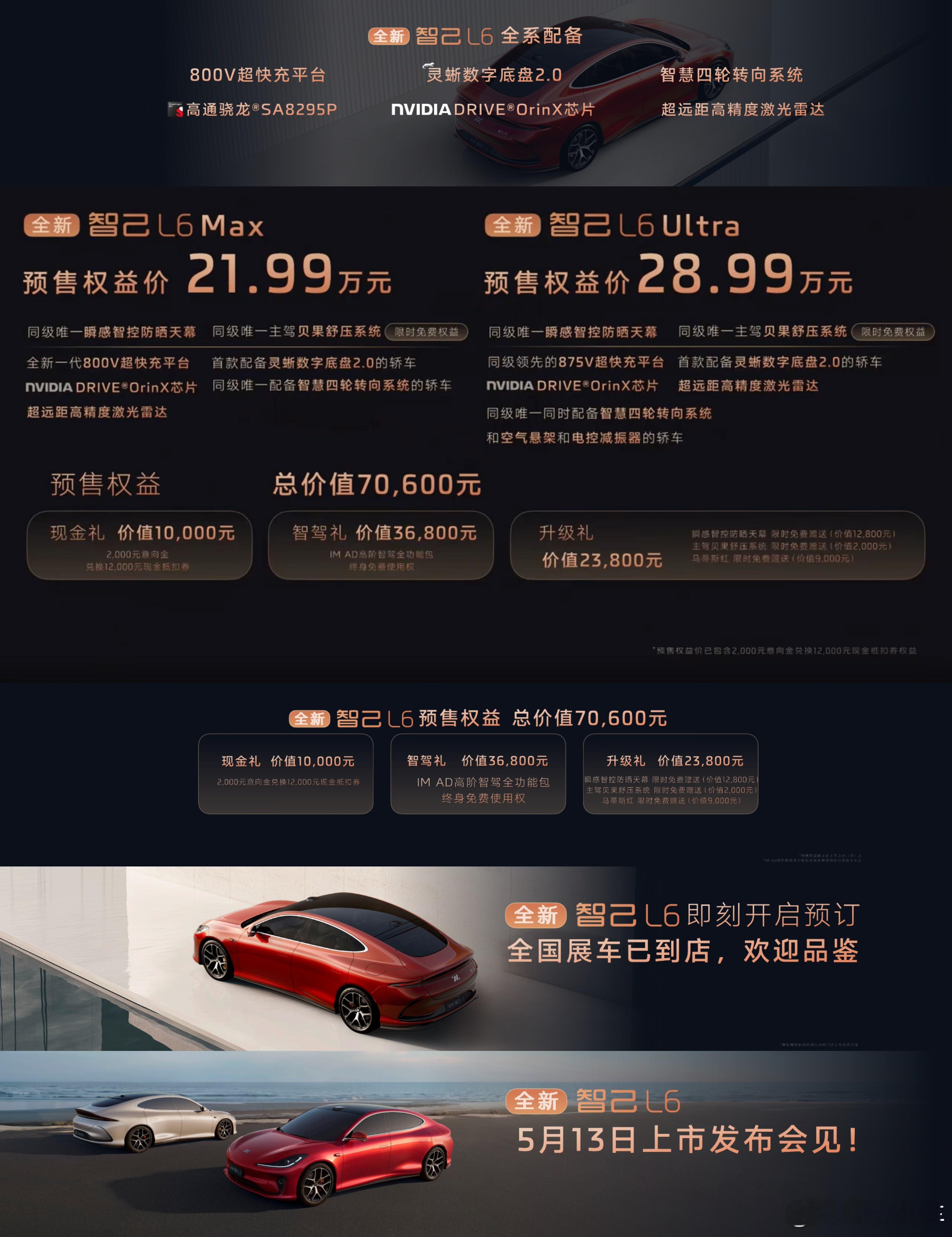 全新智己L6全系3款车型上市权益价21.99万元到28.99万元，还有总价值70