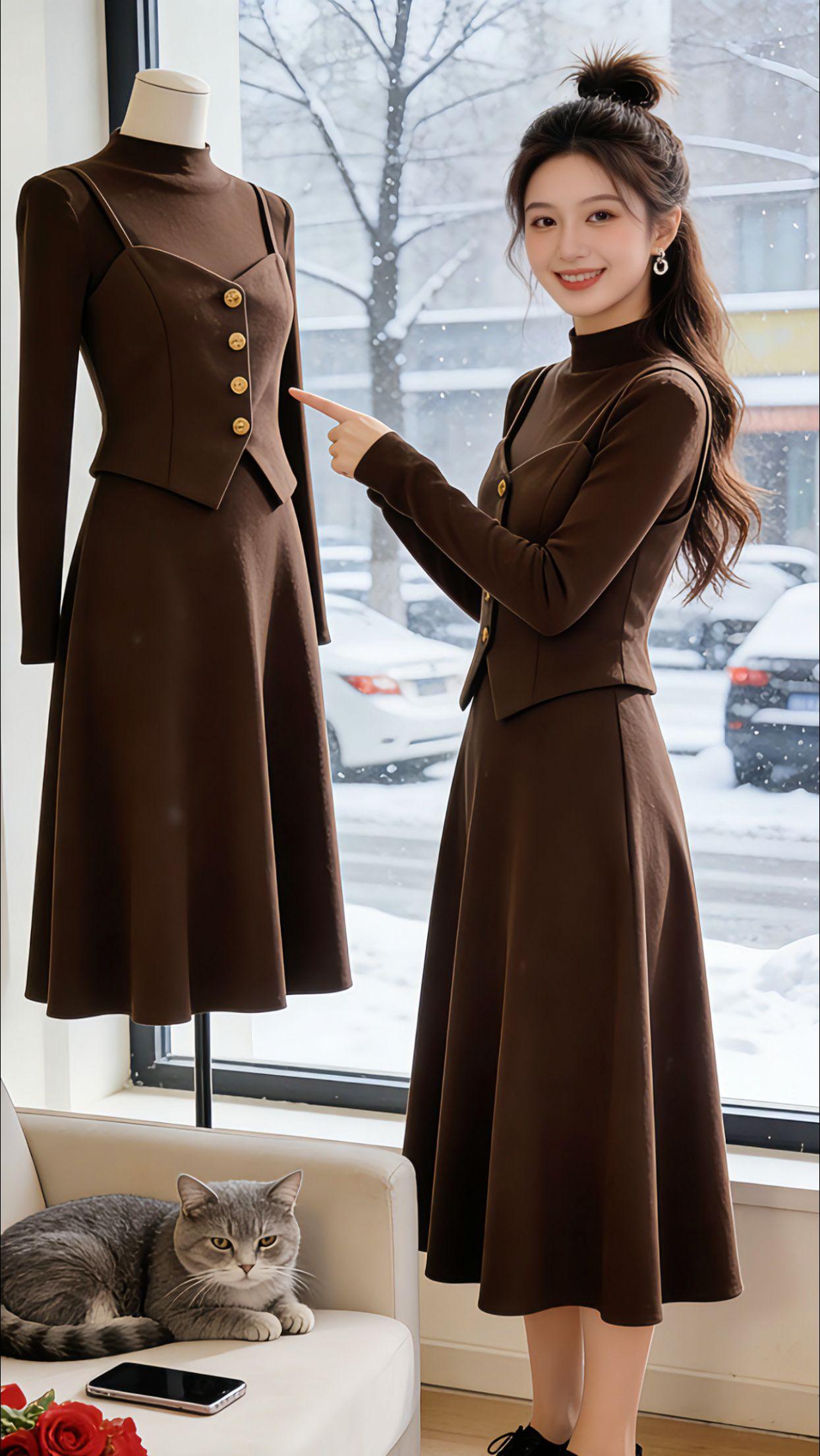 Danny以前总为穿搭发愁，肉肉藏不住还显臃肿。直到遇见这款假两件小香风连衣裙，