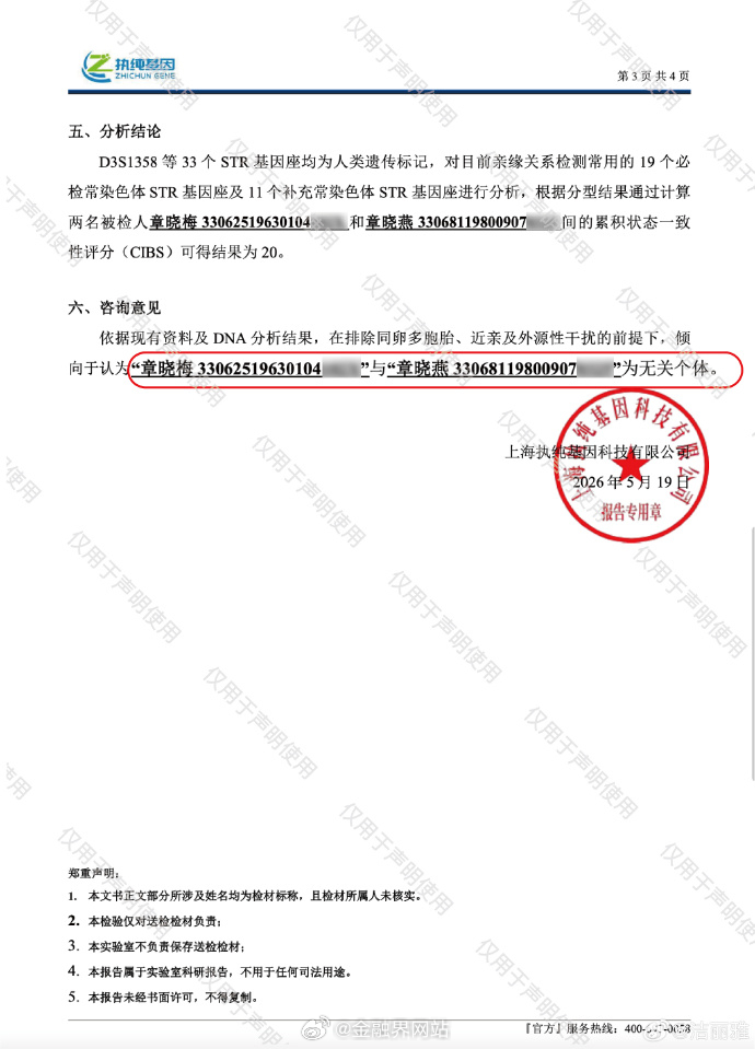 【豪门八卦引发热议，洁丽雅晒相关鉴定材料、公证书：鉴定结论显示章晓梅、章晓燕为无