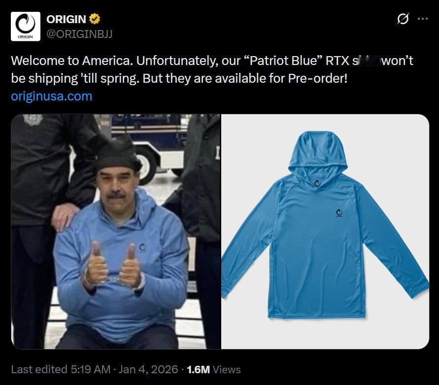 美国服装品牌 ORIGIN 在宣传帖中使用了尼古拉斯·马杜罗被关押在斯图尔特空军