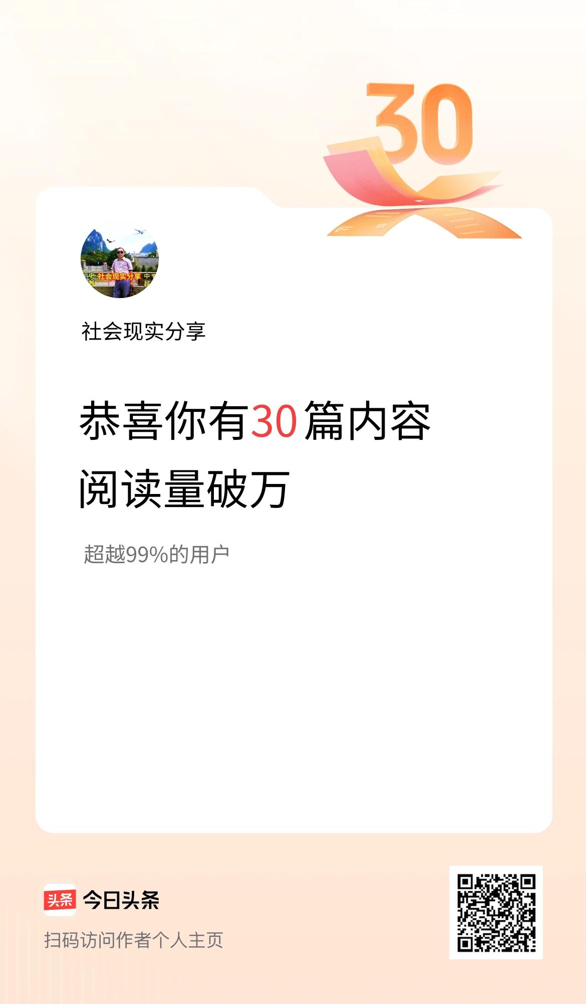 我在头条有30篇内容阅读破万了！