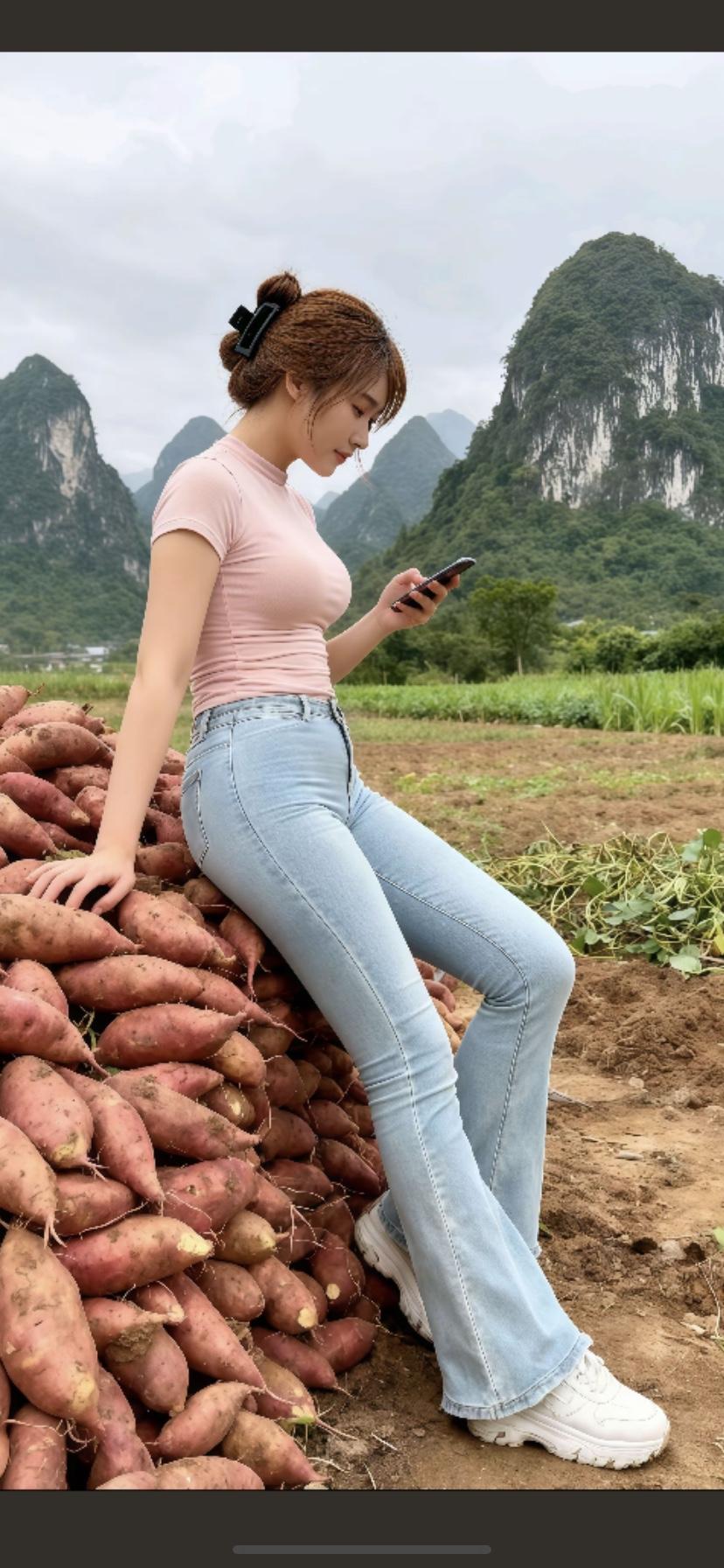 田园风光中的红薯收获，甜美女孩与大自然的亲密接触。