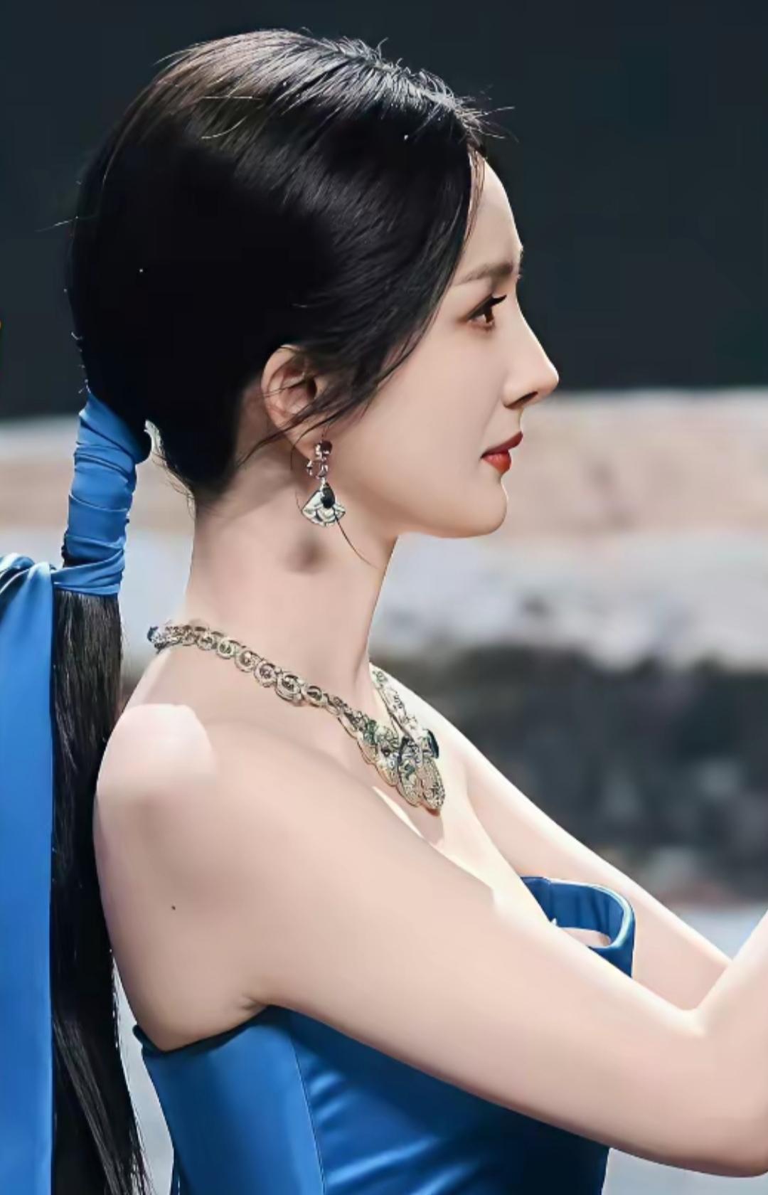 这侧影仿佛为镜头而生，高挺的鼻梁，绝美的唇型，无不在张扬着优雅与端庄。

纵使见