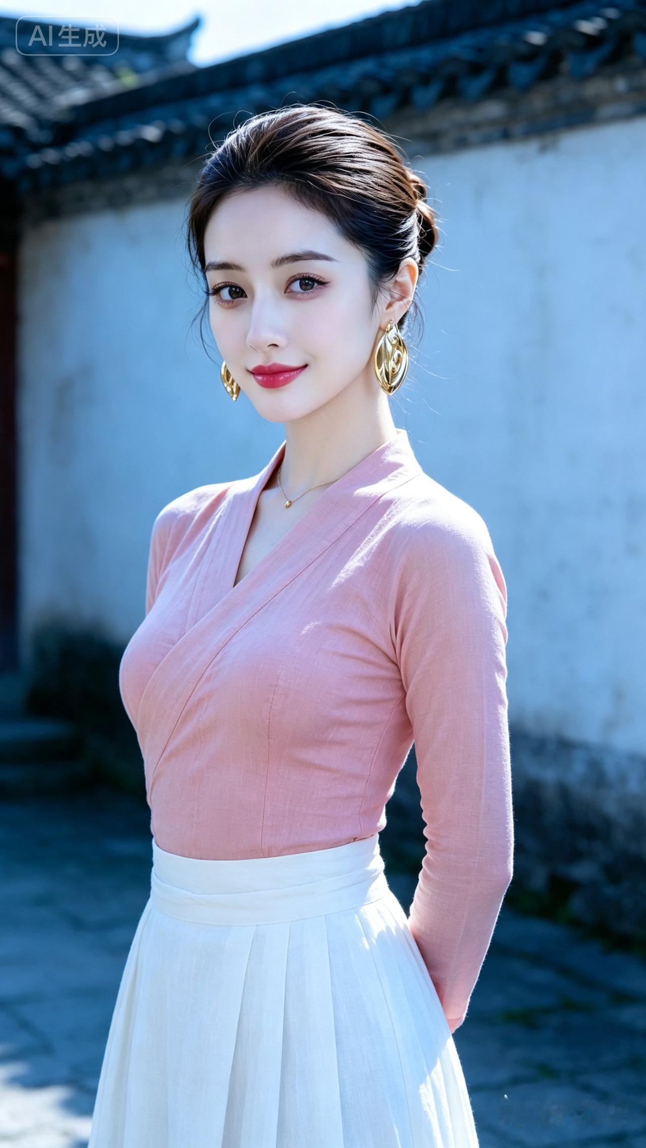 优雅复古风，粉色上衣搭配白色长裙，尽显温婉气质。