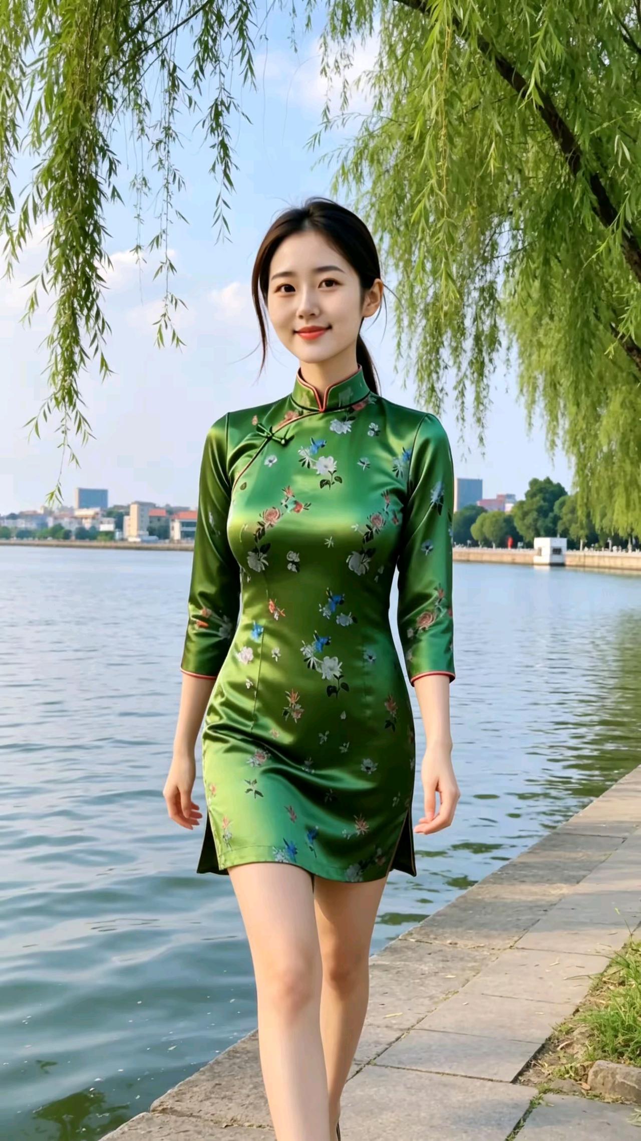 柳堤旗袍佳人
垂柳丝绦映碧塘，
和风拂面溢清香。
绿衫绮绣芳华展，
浅笑明眸气韵