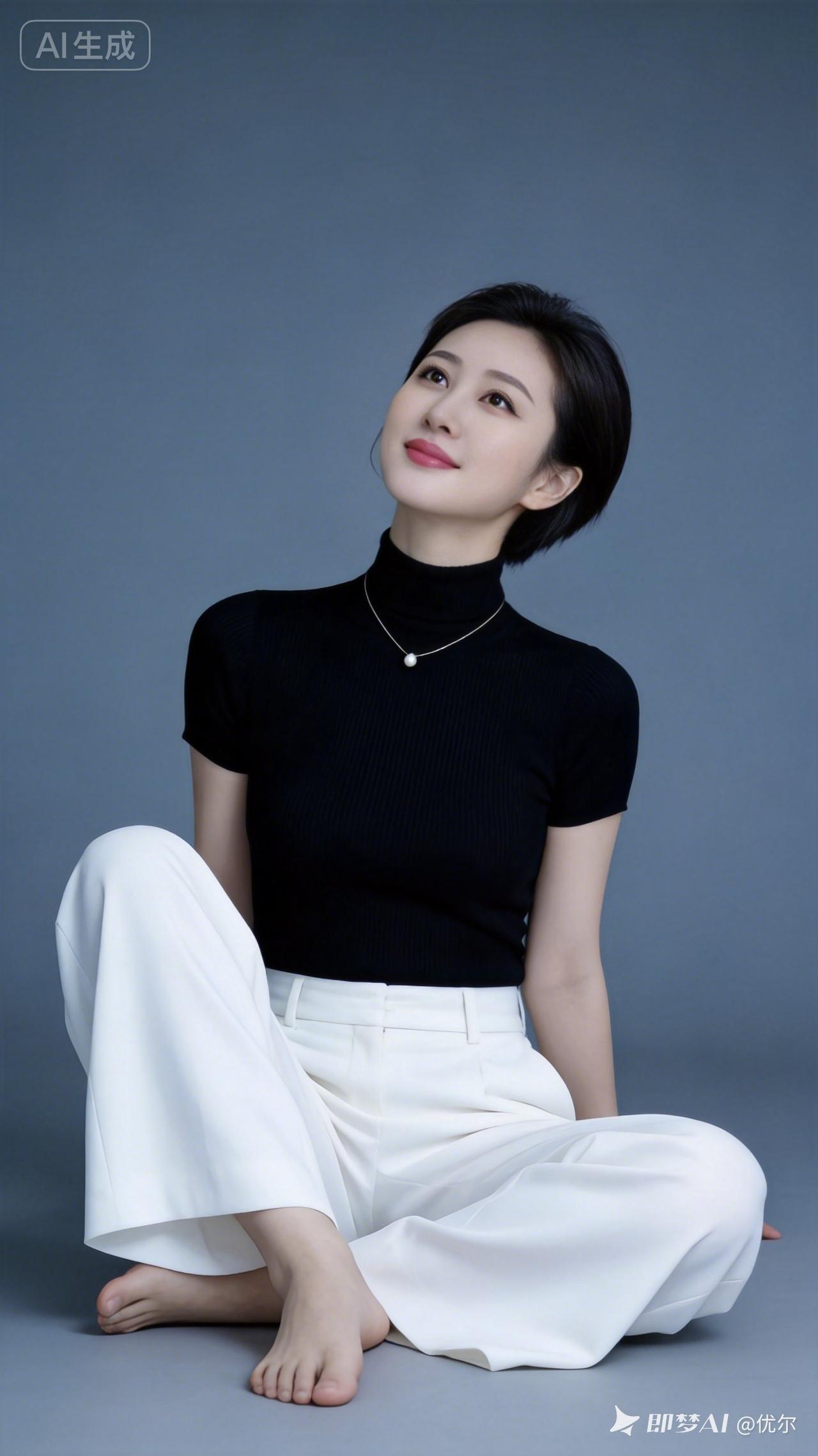 利落短发中年女子气质沉稳。身着黑高领针织衫搭配白色阔腿裤，赤脚席地轻仰身姿。颈间