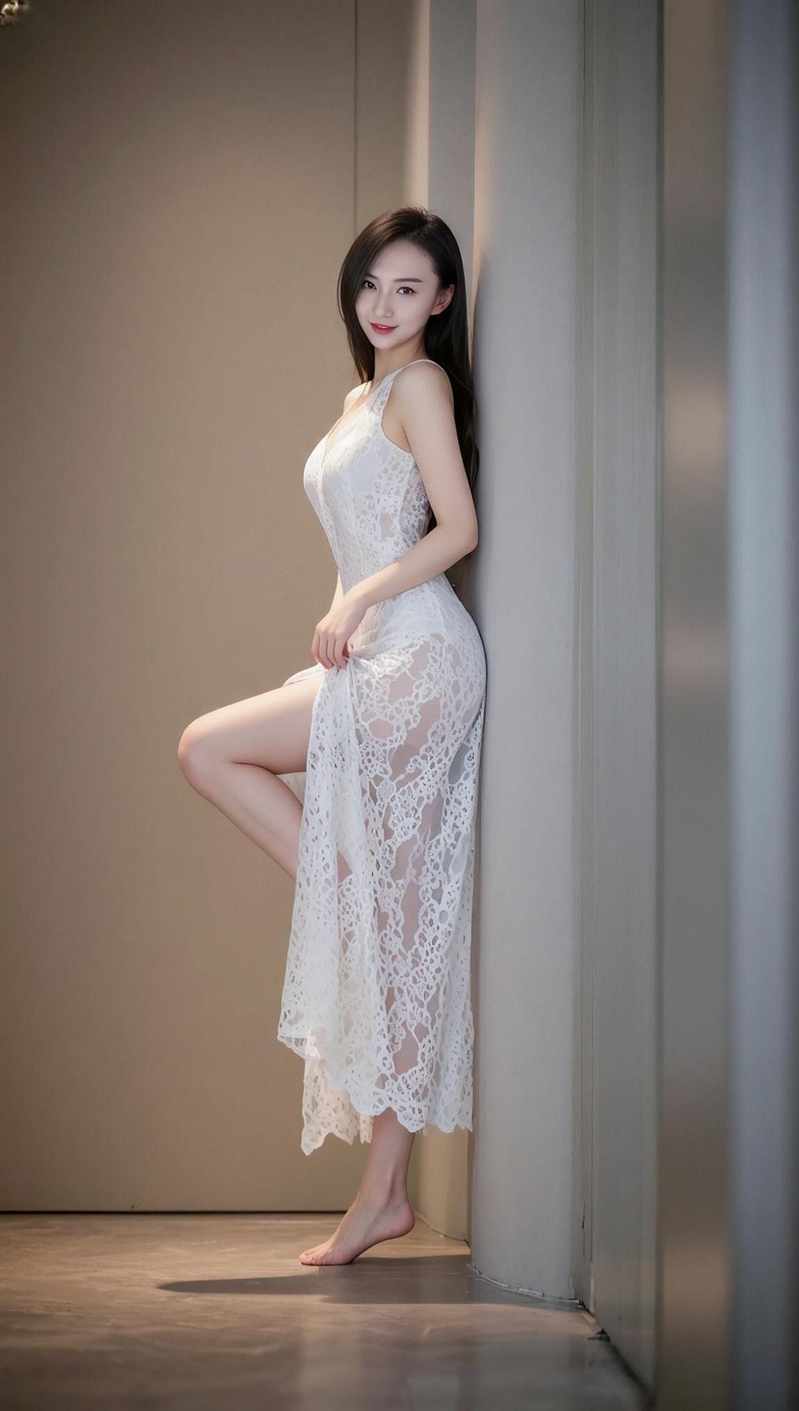 优雅白裙，轻倚墙边，尽显柔美风情。