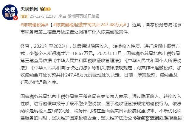 偷税漏税一百多万，这“精打细算”把自己算进去了！近期北京税务部门查处网红陈震偷税