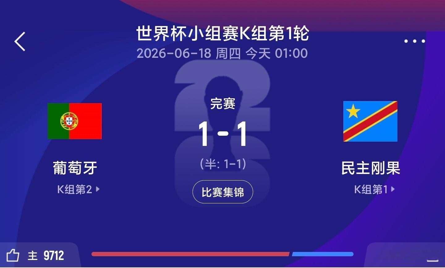 爆冷！葡萄牙1-1民主刚果 内维斯破门葡萄牙全场7射1正C罗3射0正6月18日讯