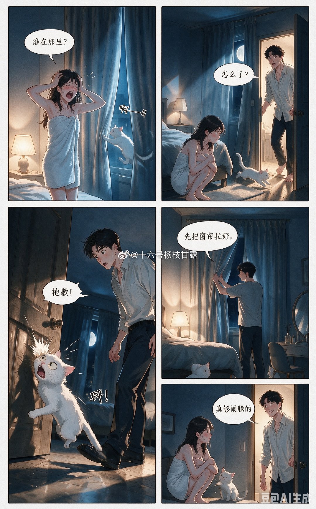 我洗完澡出来，咪乱跑把窗帘拉开了，我一声尖叫。哥闻声赶来，与逃跑的咪撞见，咪慌乱