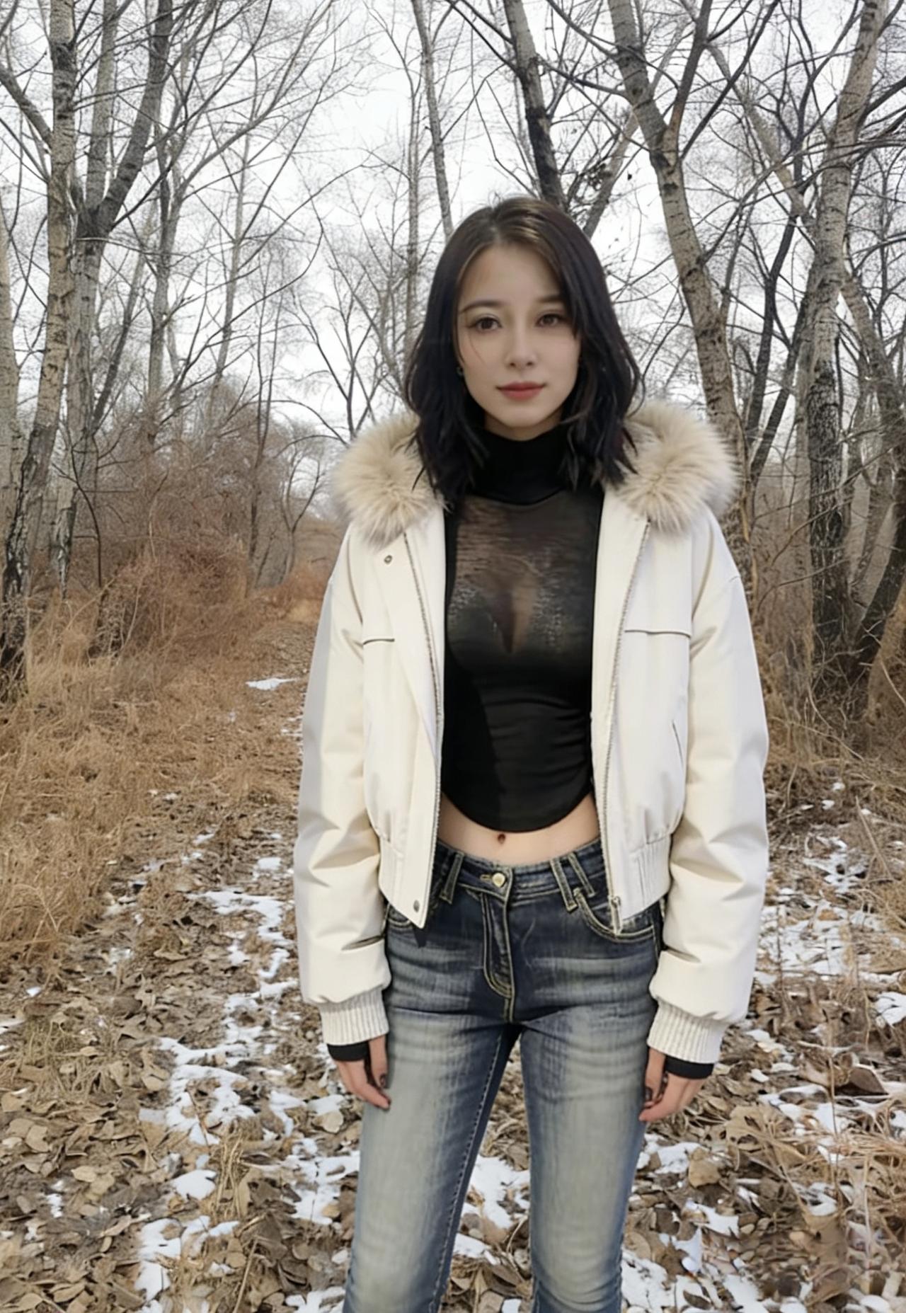 荒林残雪积，倩影履薄霜。
缟衣笼素袂，黑纱映靓妆。
牛仔凝寒色，狐裘凝冷光。
明