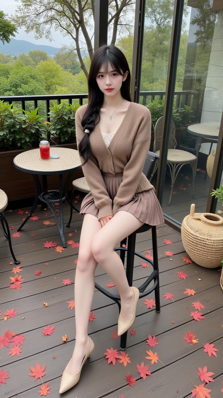 秋日暖阳下，一袭棕裙的佳人独坐露台。针织开衫与落叶同色，高跟鞋轻点满地枫红。绿植