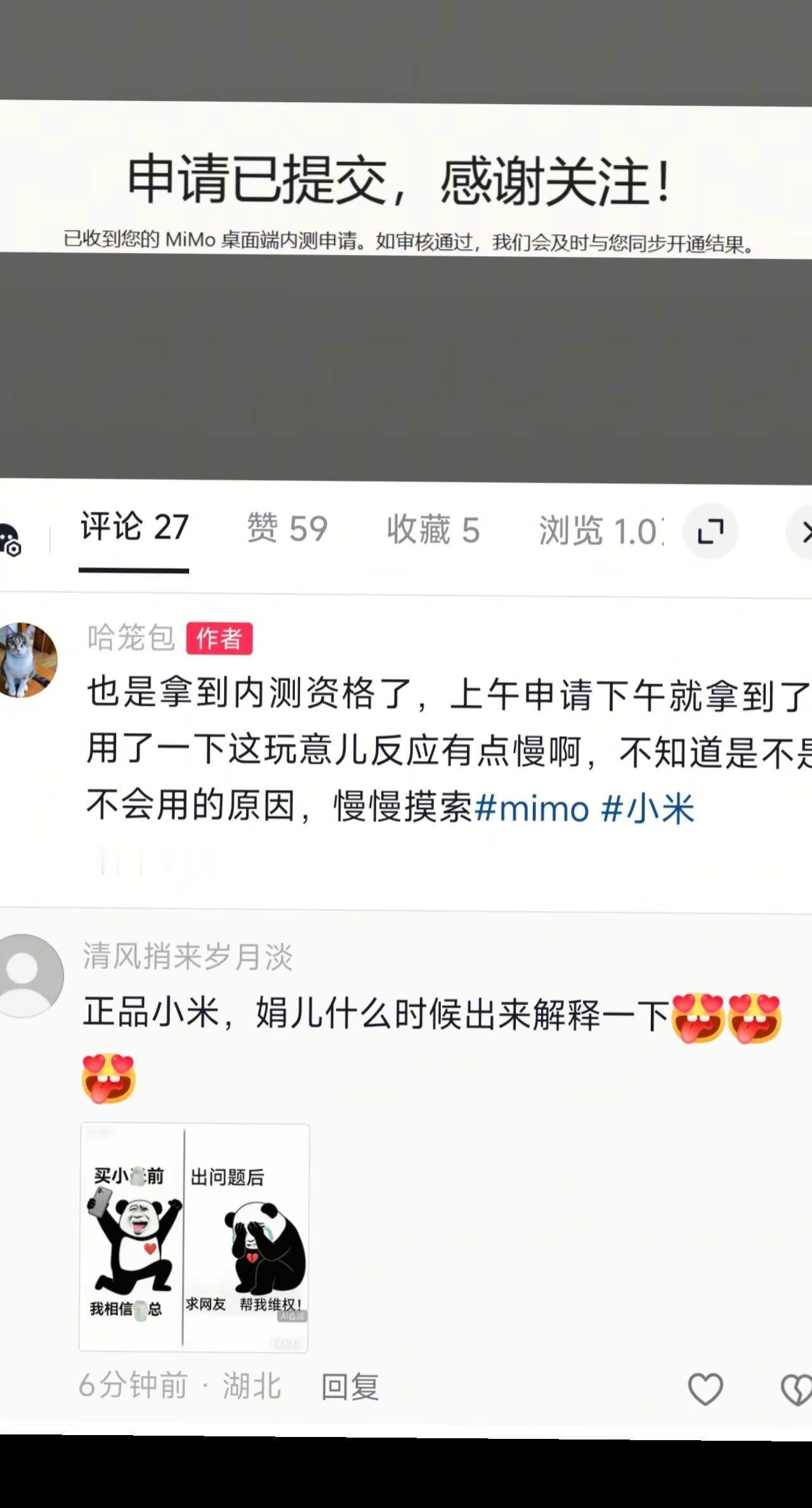 回复 @清风捎来岁月淡的评论 我人都傻了，我不是发的申请小米MiMo桌面版内测资