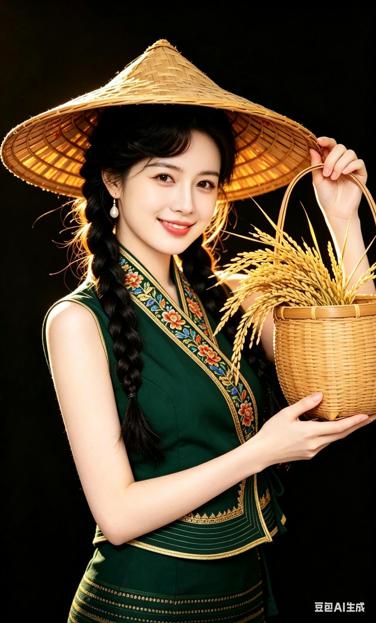 少女梳乌黑双麻花辫，头戴竹编斗笠，身着刺绣绿民族服饰，手捧盛麦穗竹篮，黑底暖逆光