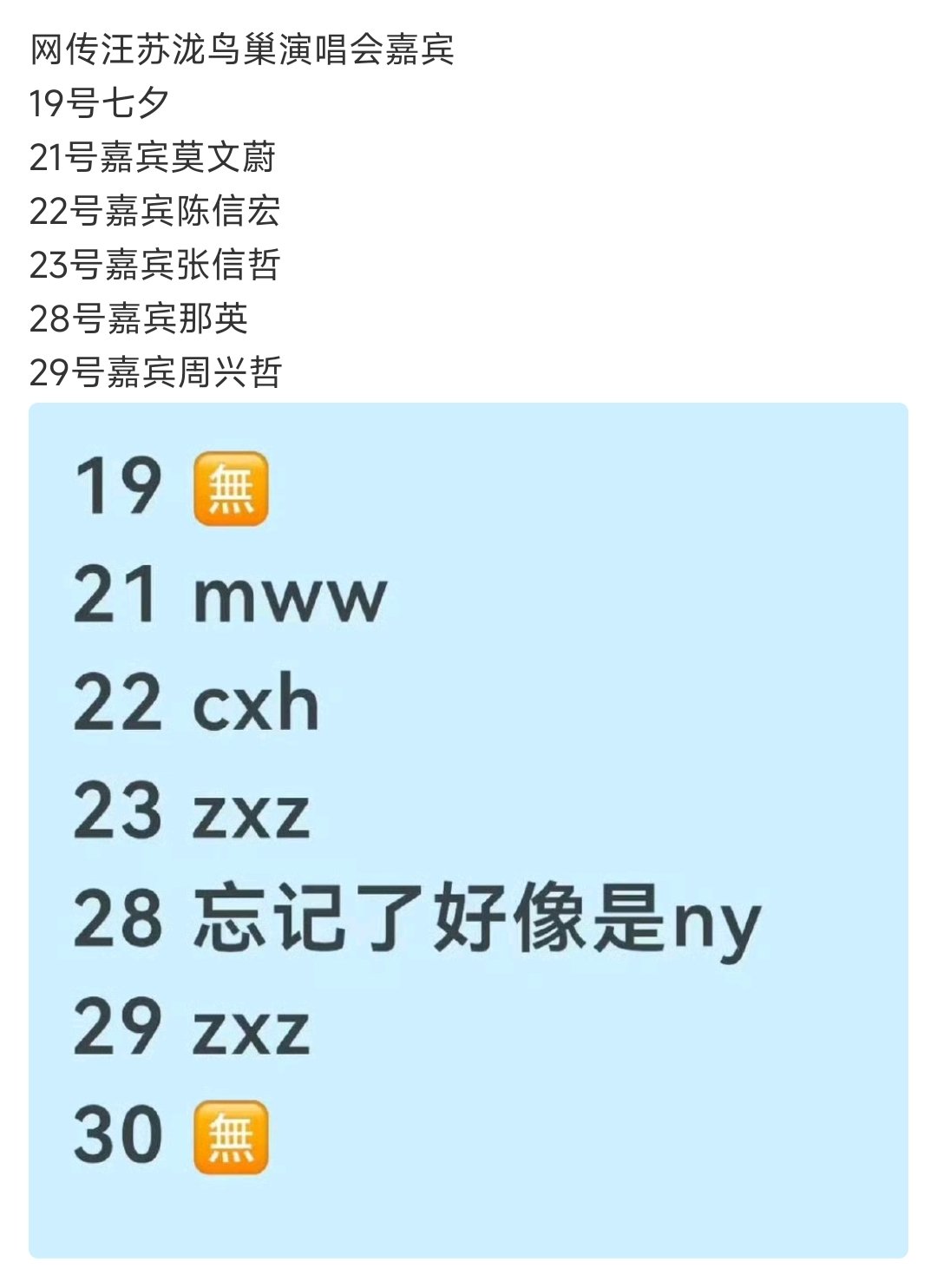 网传汪苏泷鸟巢演唱会嘉宾名单 等一个官宣 