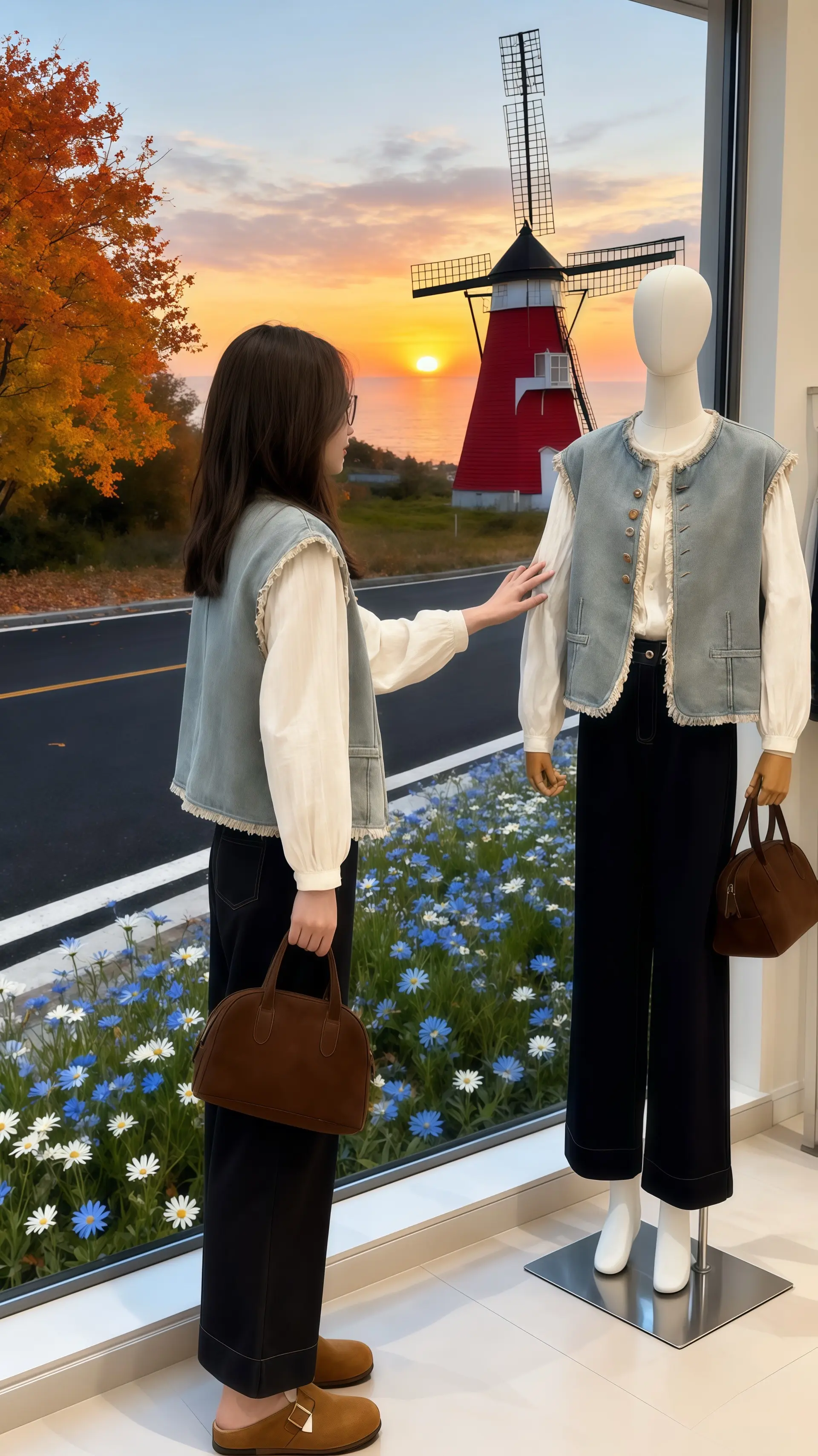 她穿着韩系牛仔马甲衬衫三件套，衬衫领口随意敞开两颗扣子，叠搭的牛仔马甲...