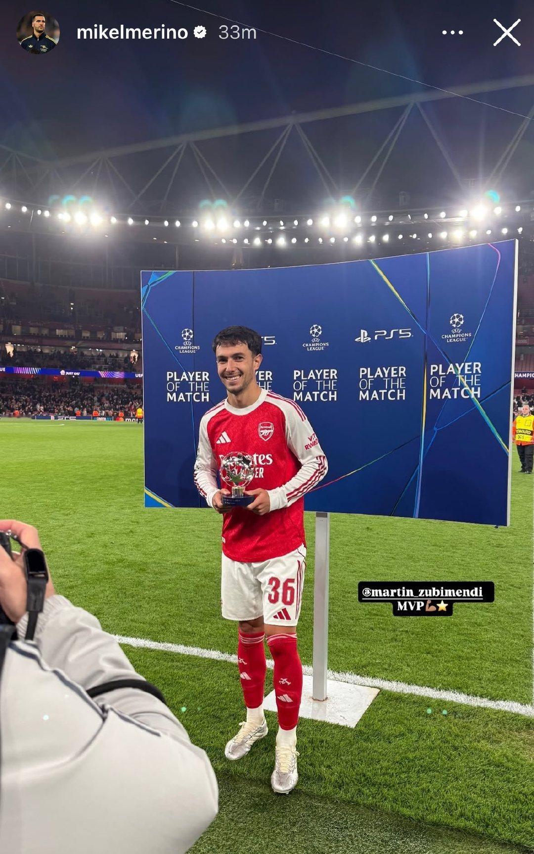 梅里诺昨晚也在酋长球场，给苏比门迪点赞MVP阿森纳0比0葡萄牙体育 欧冠