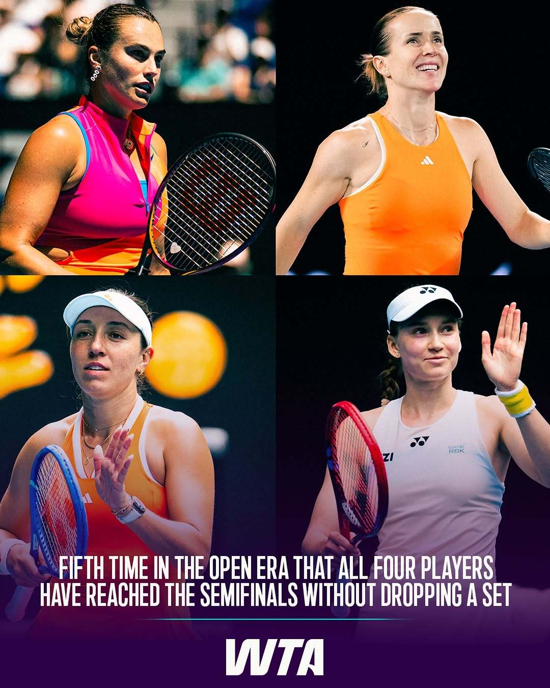 亮数据 本届澳网所有四强选手均不失一盘晋级半决赛，这是公开赛年代第五次在大满贯赛