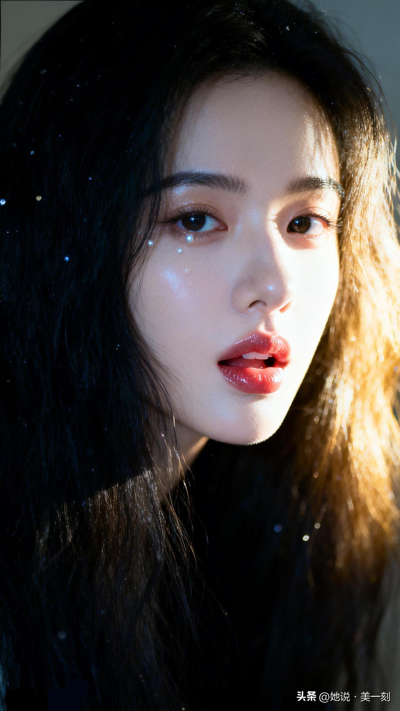 梦幻光影下的少女，红唇轻启，仿佛诉说着不为人知的故事。