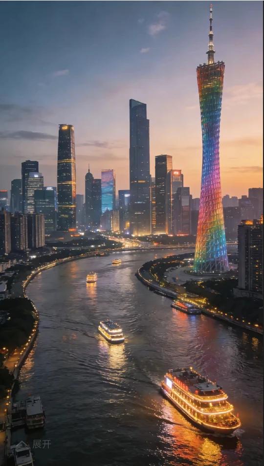 小蛮腰上彩光流，
珠江水面船如绸。
高楼争着比灯火，
霓虹闪烁五彩秀。