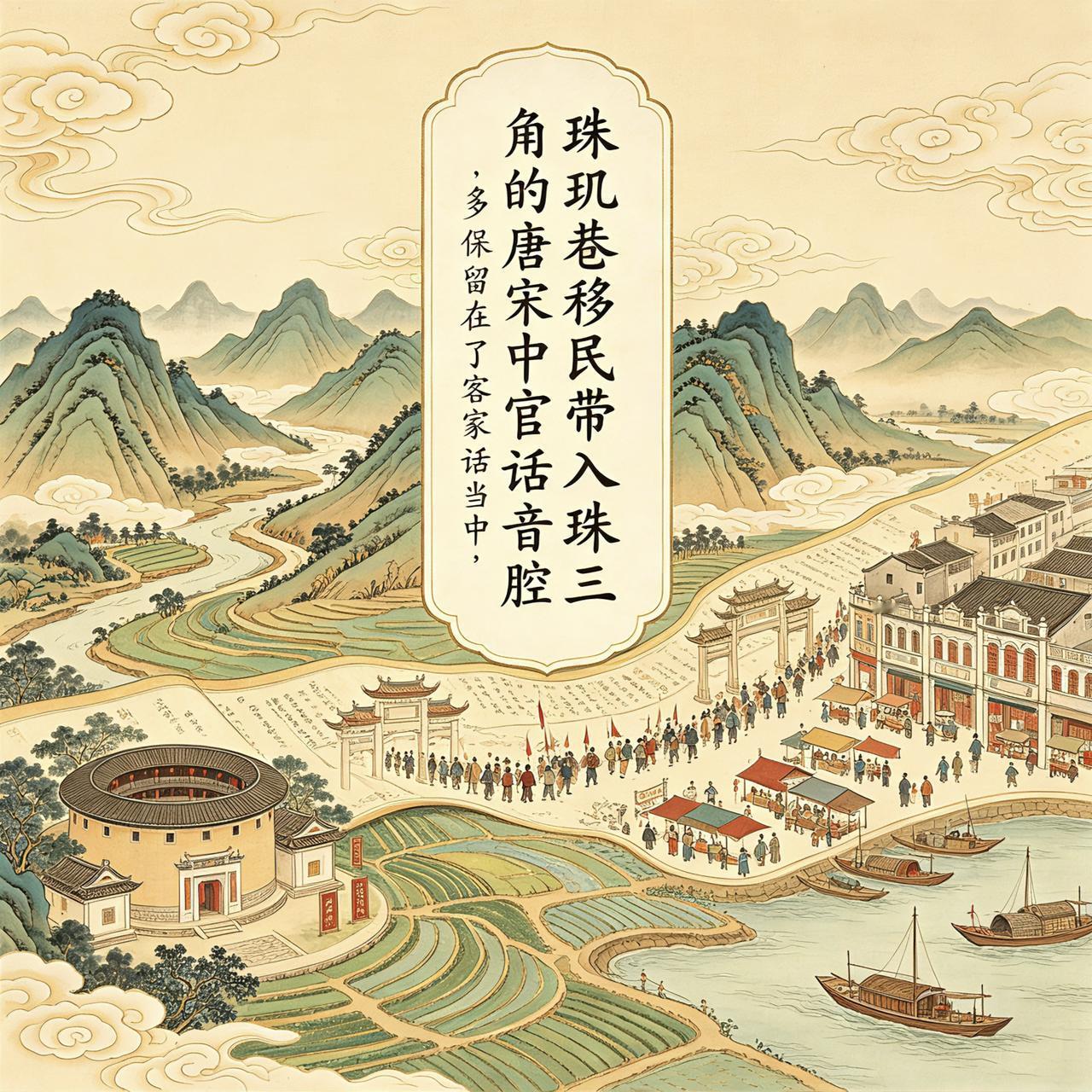 珠玑巷移民，直接带入的宋朝官话(开封话)语言音腔，并不是珠三角当地的白话(广州话