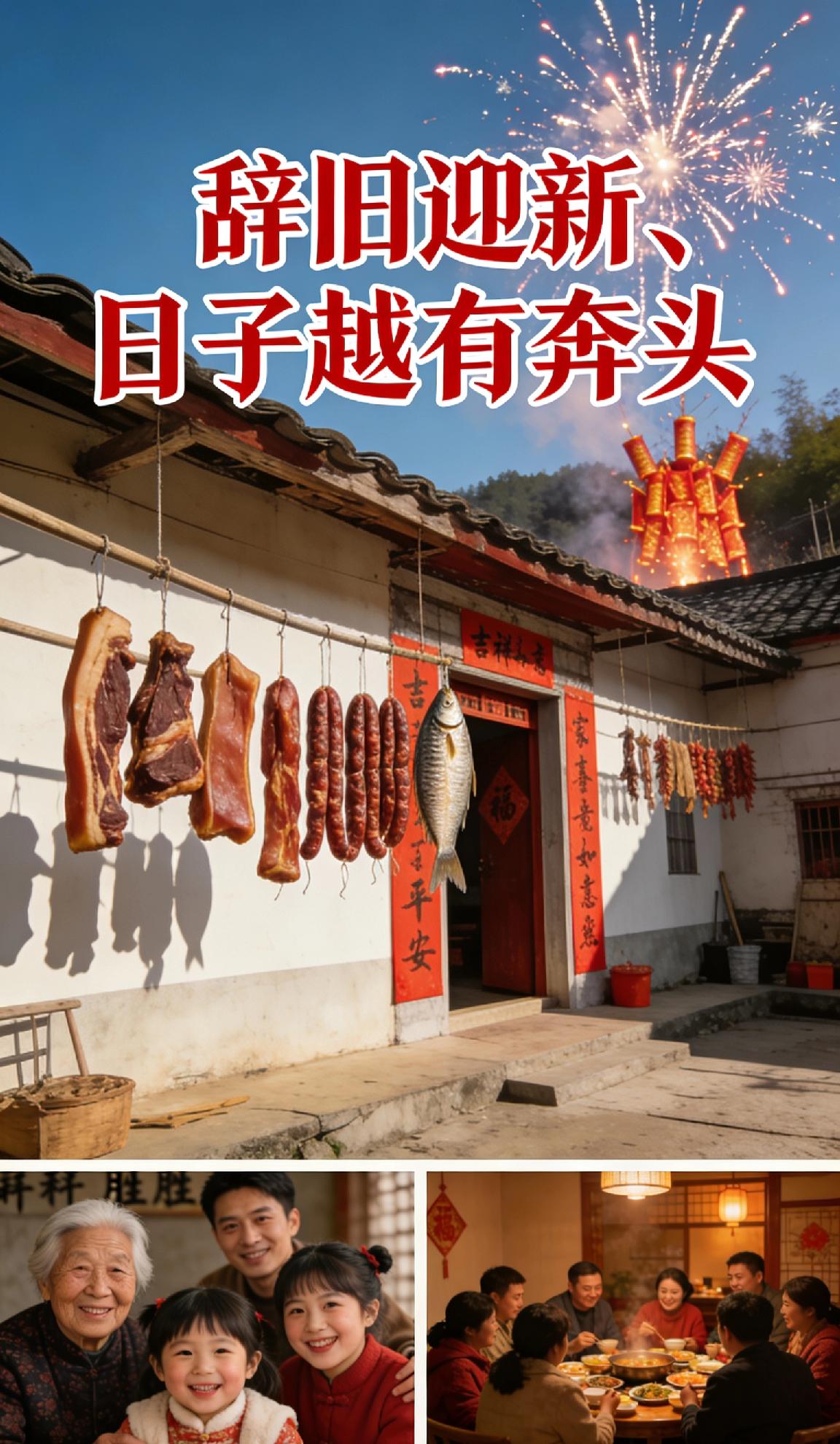 年根儿一近，村里就飘起烟火气！晒着腊货、贴起春联，鞭炮声透着欢腾。新岁不求啥富贵