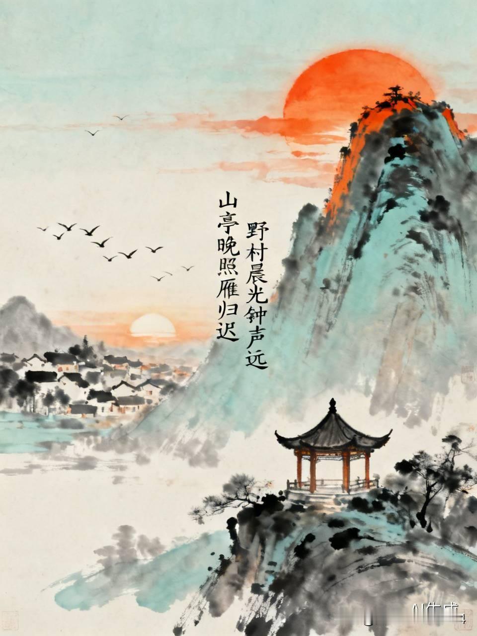 上联：山亭晚照雁归迟，求下联下联，野村晨光钟声远！[烟花]1