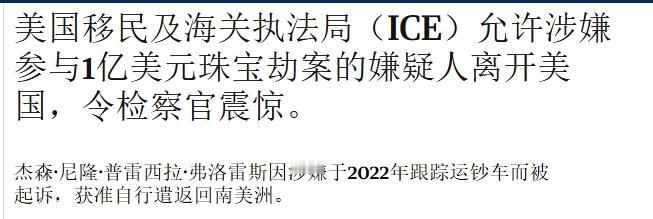 离谱！抢劫1亿美元的珠宝大盗，被美国ICE特工“保送”出境
 
特朗普手下的IC