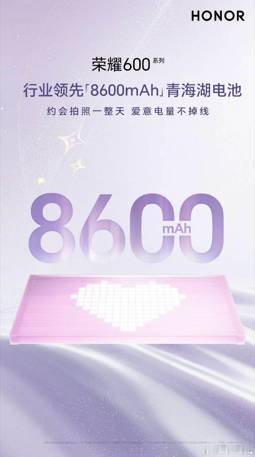 荣耀600系列续航迎来全面升级，配备全新一代青海湖电池，超级版最高8600mAh