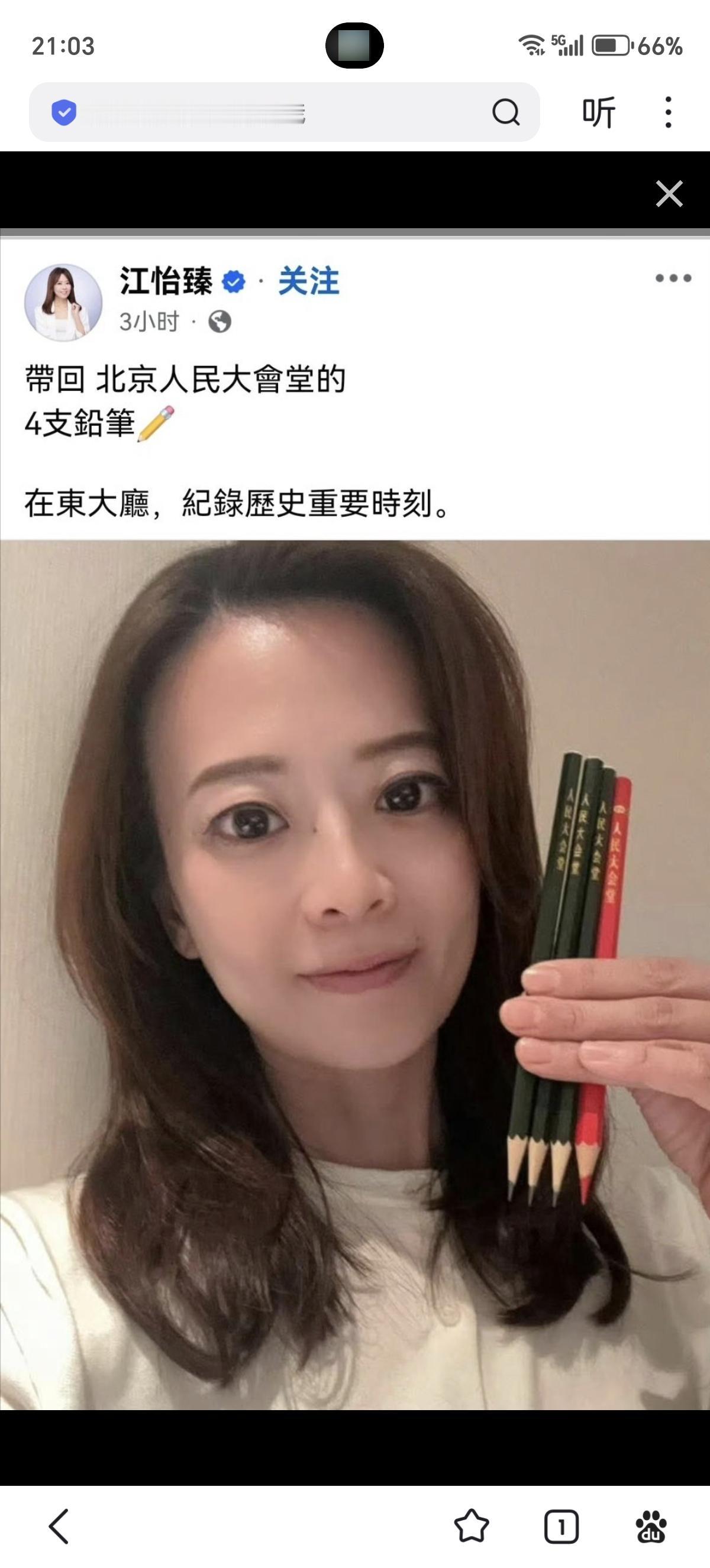 随团来访的国民党发言人江怡臻带走了人民大会堂的4支铅笔做纪念