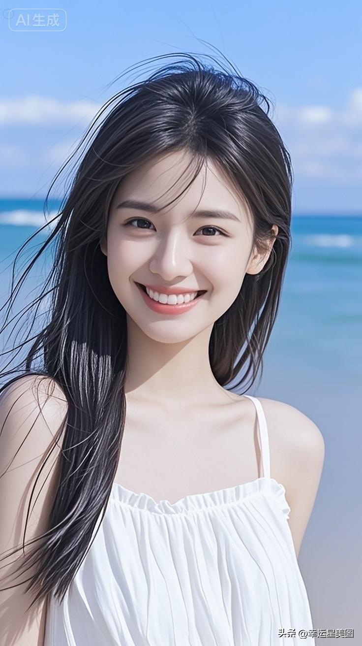 海边少女，微笑如阳光，夏日清新照