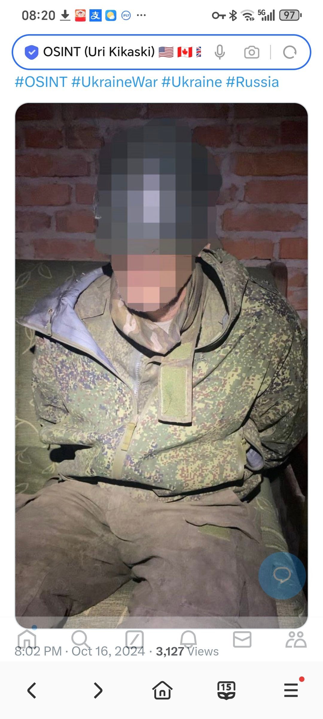 图片中，这名俄罗斯战俘最近在#哈尔科夫行动区北部被俘。他声称自己在9月份 