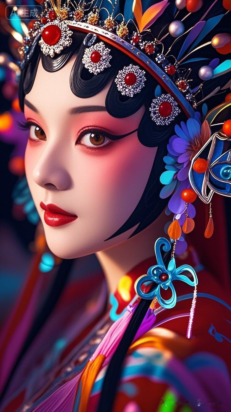 梦幻古风少女，头戴花冠，妆容精致，红唇欲滴，宛如画中人。