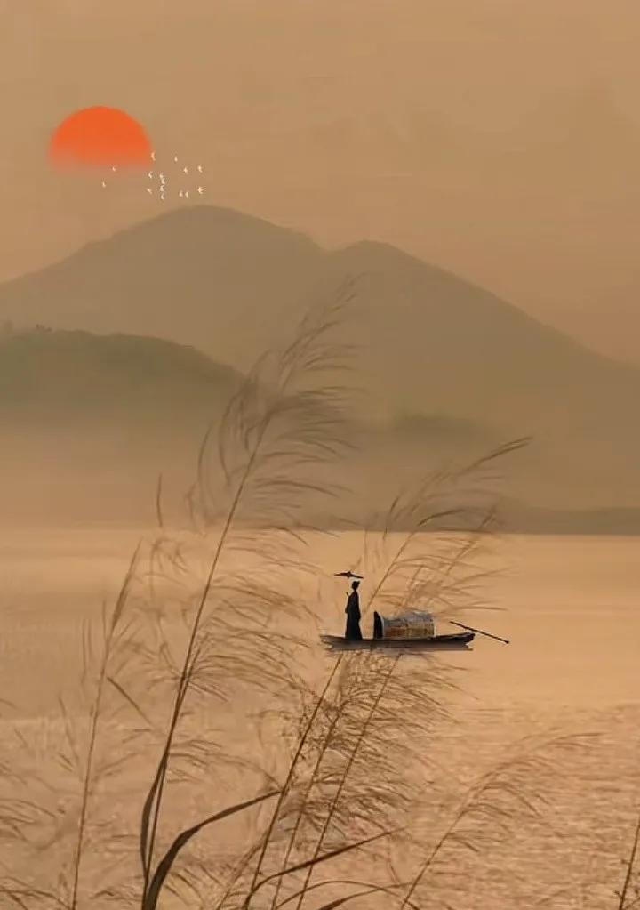 残阳烧着江面，芦苇在风里来回晃。

我站在岸上，看江心立着一个穿蓑衣的人。他背朝