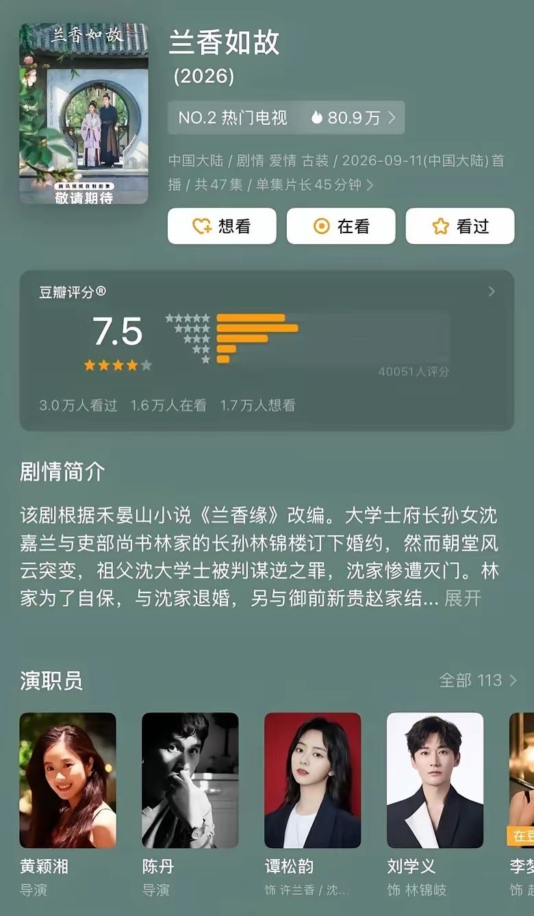 9月热播剧豆瓣开分​​1、《兰香如故》刘学义、谭松韵豆瓣开分：7.5​​2、《冬