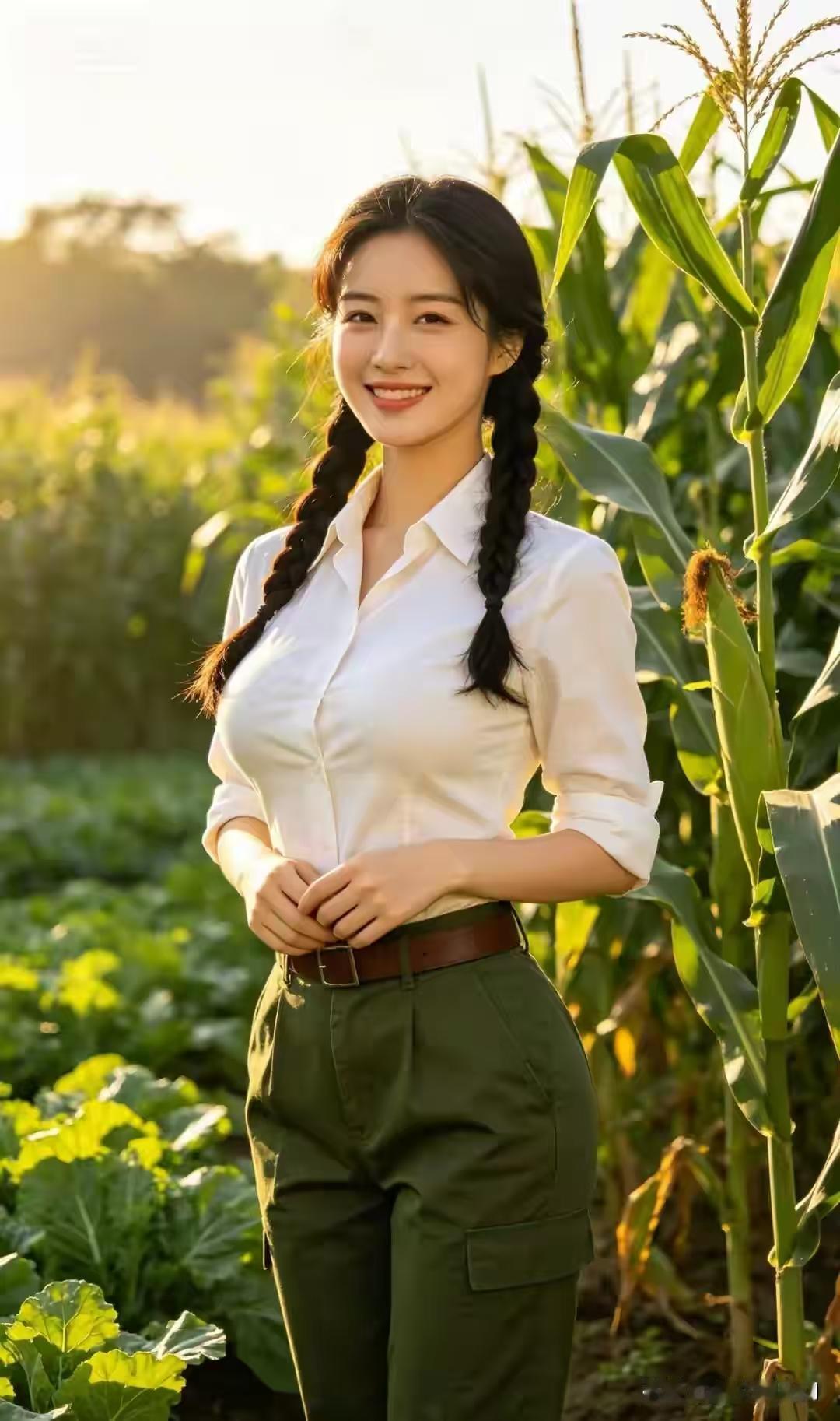 题复古佳人
素衫雅衬工装碧，
体态雍和韵自娴。
静立嫣然含温婉，
东方风韵落眉间