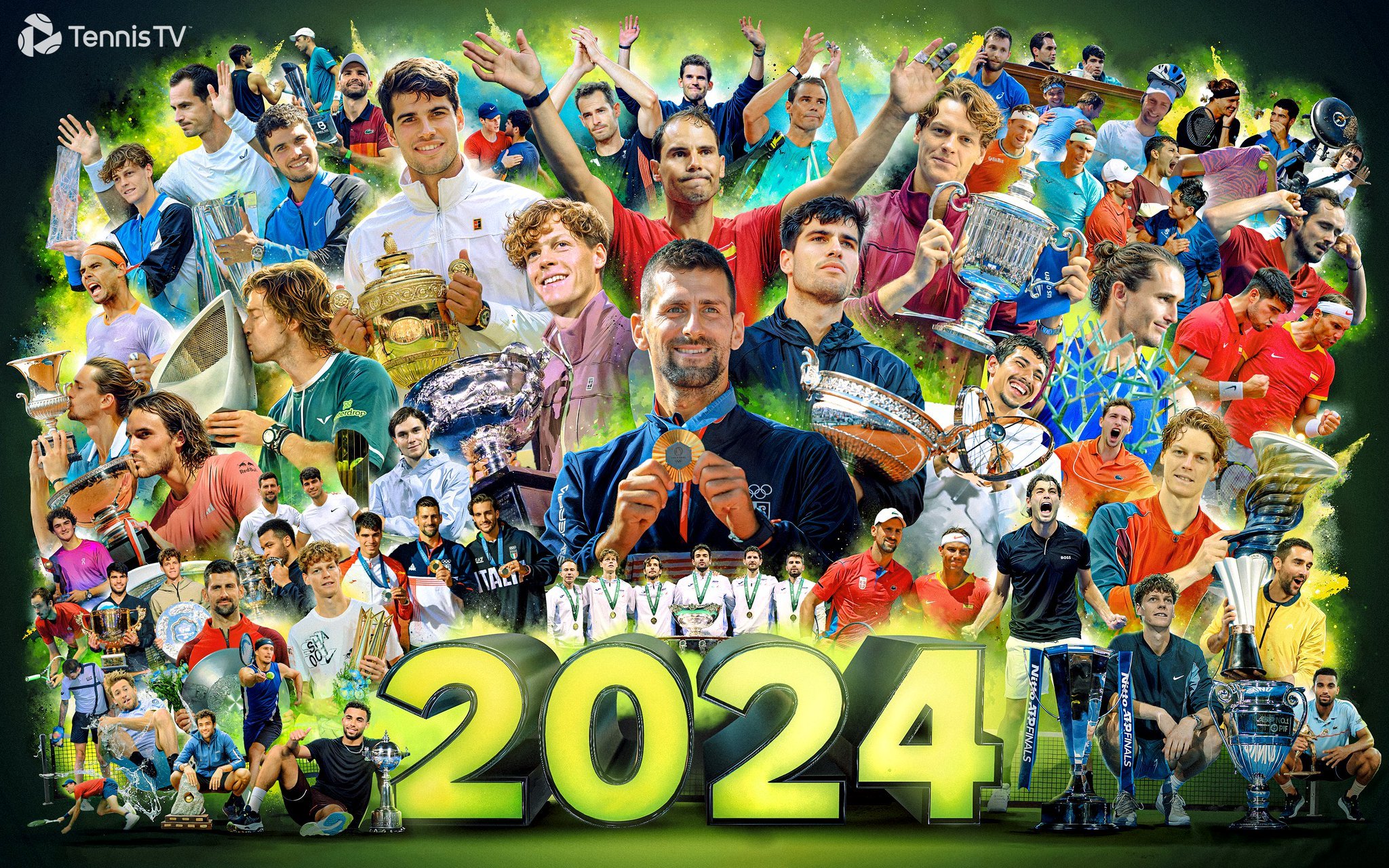 Tennis TV发图回顾2024赛季，德约奥运金牌C位，阿卡辛纳左右护法，纳达