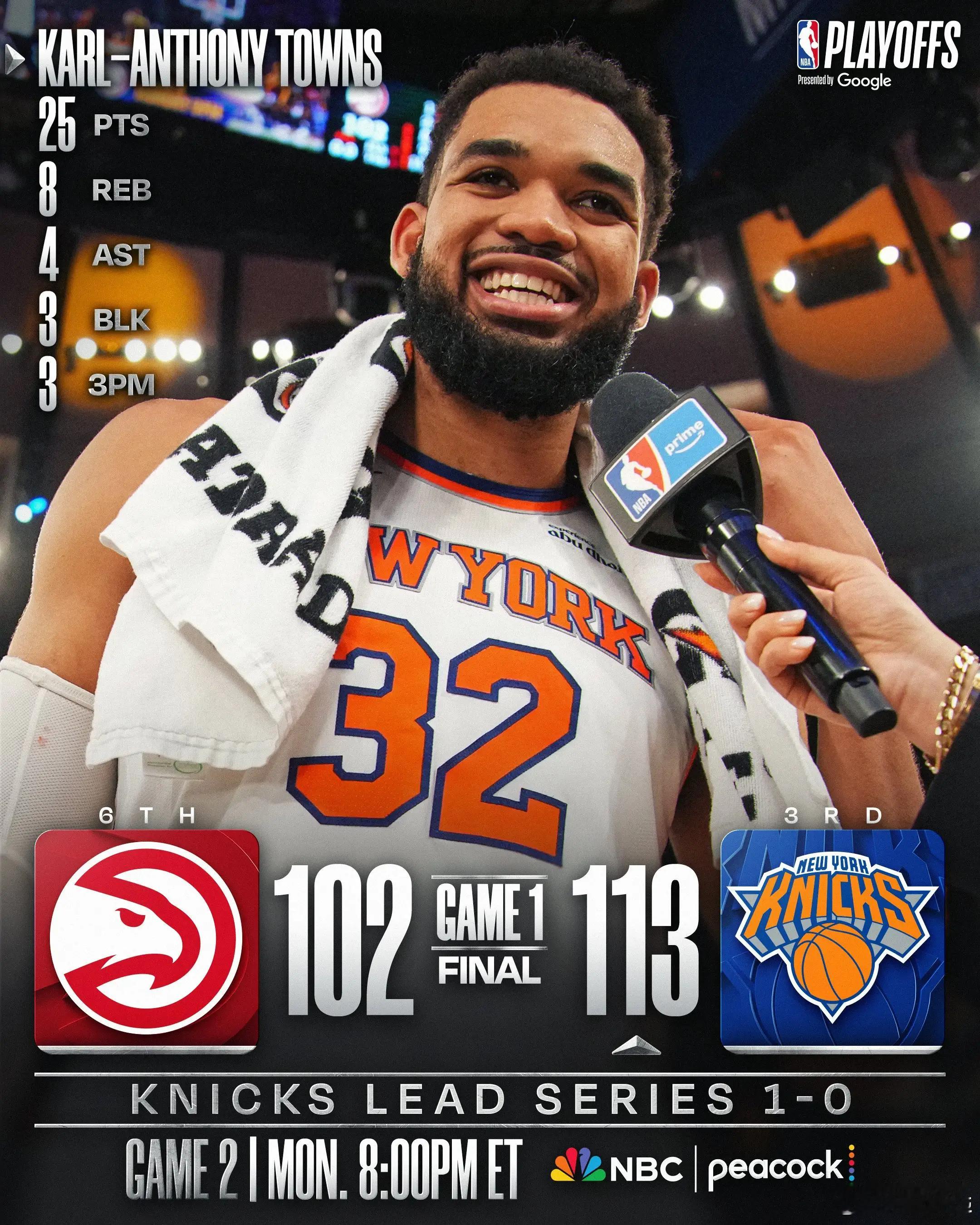 布伦森28+7唐斯25+8 尼克斯主场力克老鹰1-0北京时间4月19日，东部季后