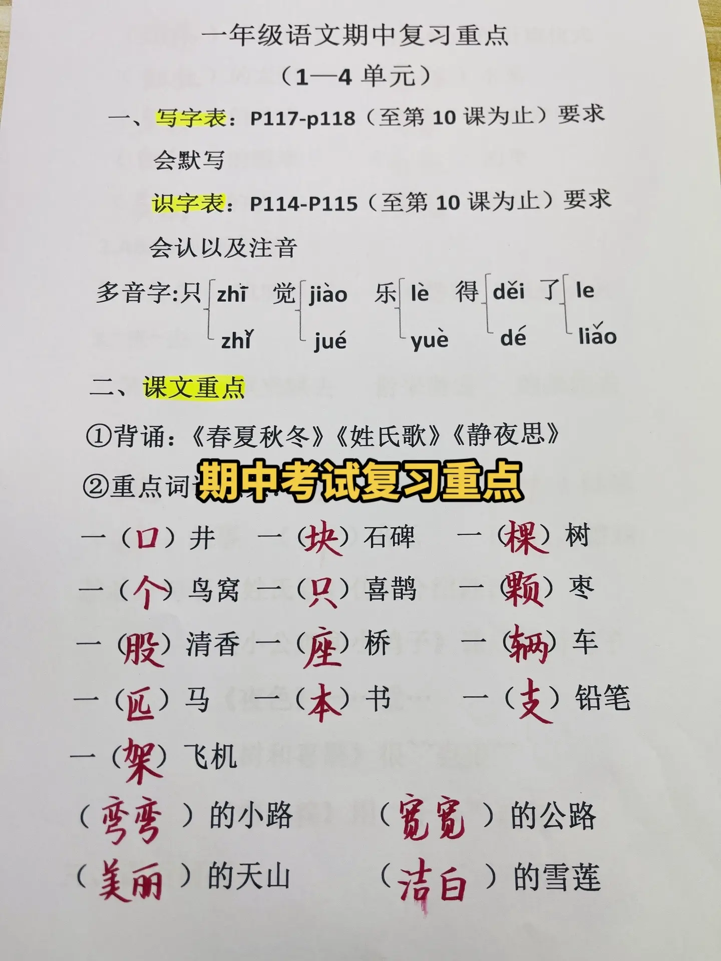 一年级期中复习重点，收藏起来带孩子复习吧