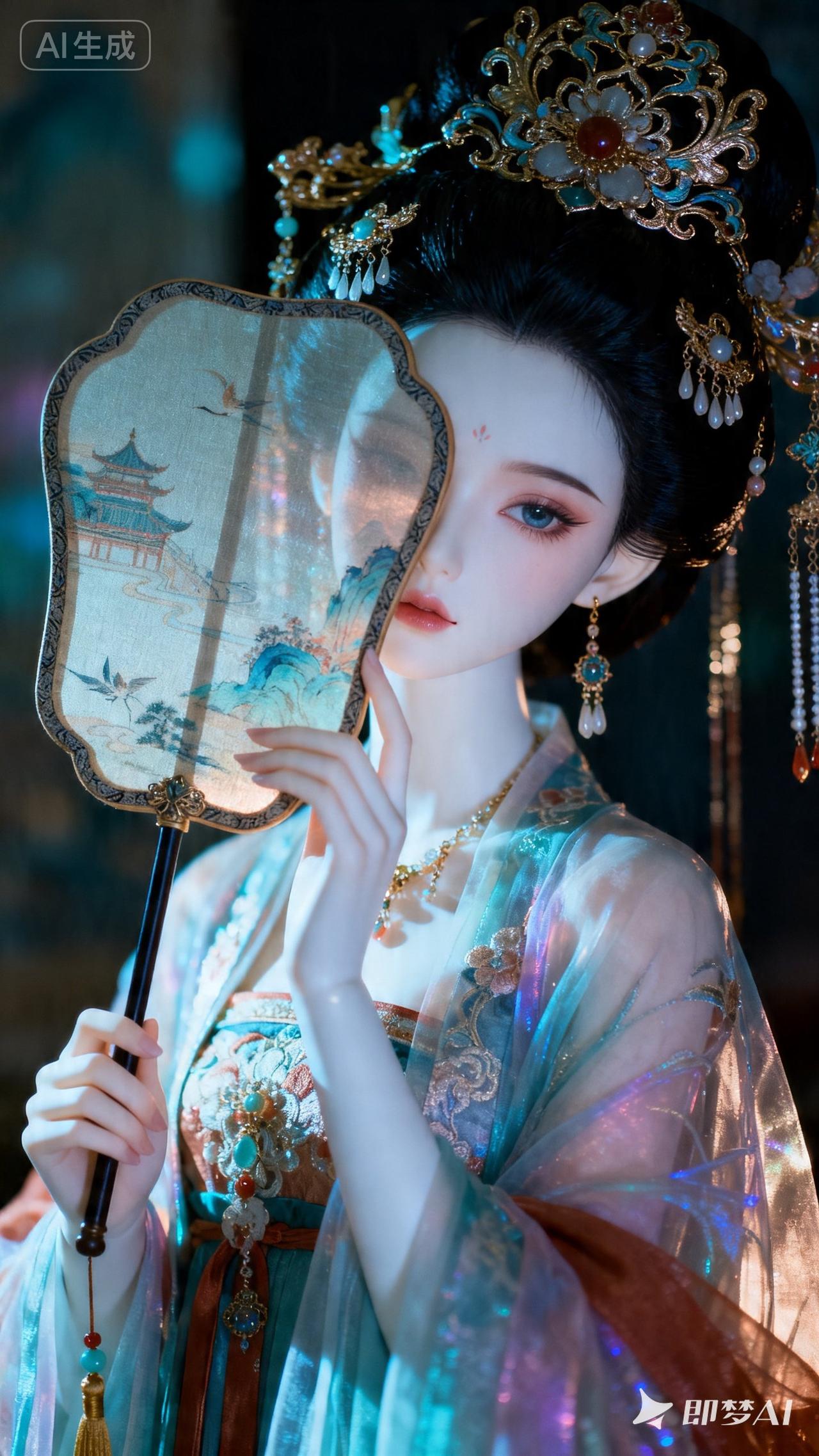 穿越千年的古典美人，手持团扇，韵味十足