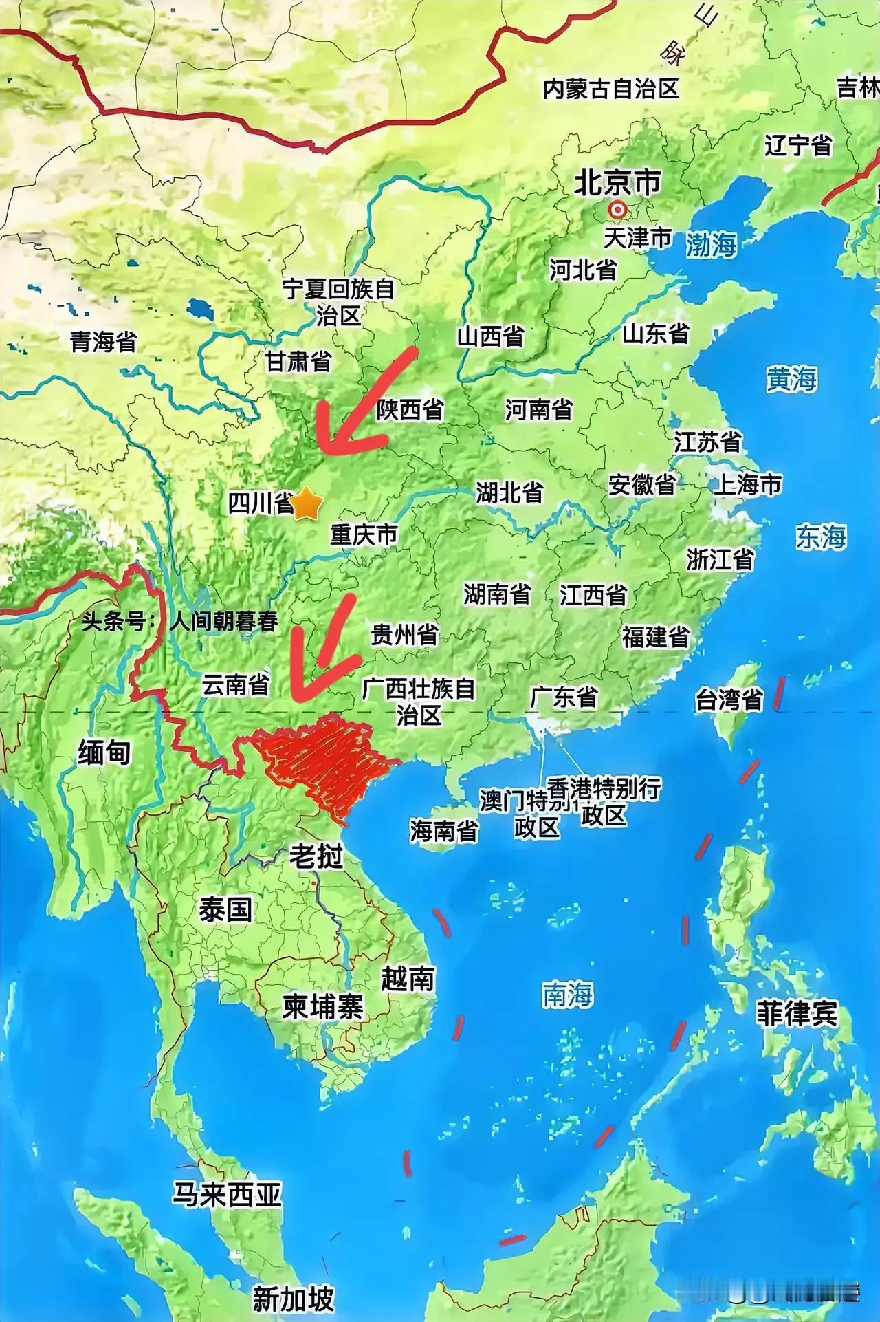 中国与东南亚各国的地图，当然这个只是其中一部分。突然发现四川省中有一颗星星，难道