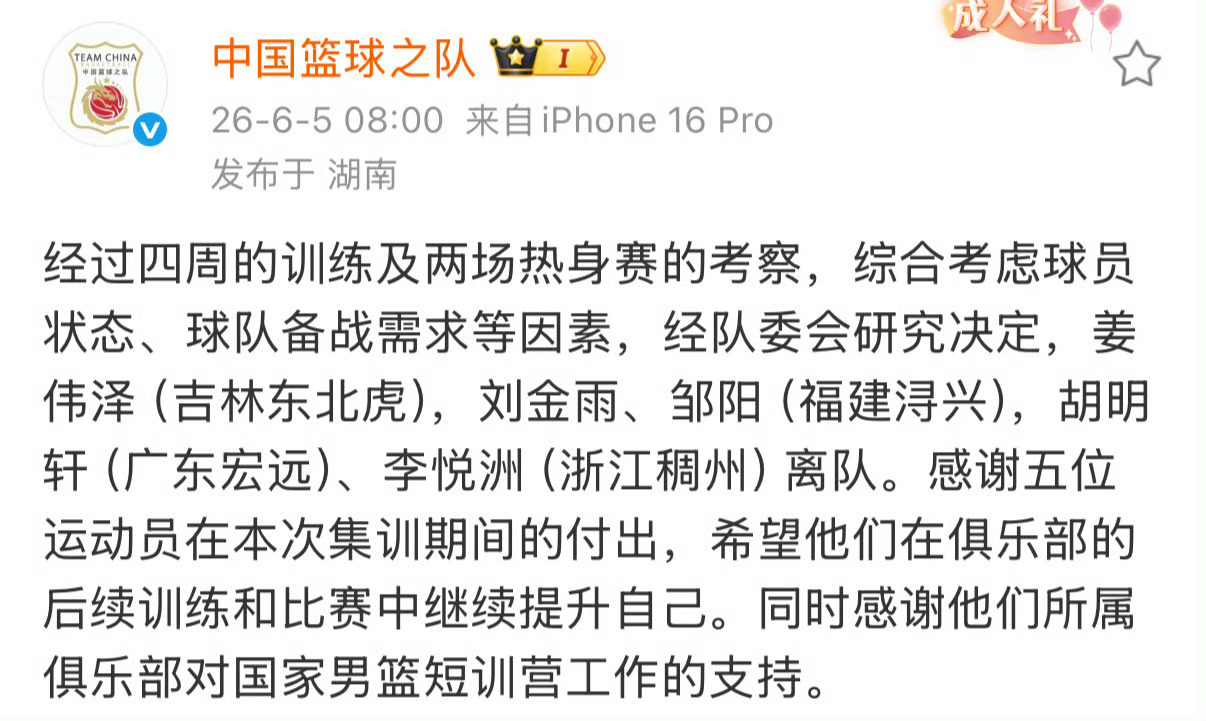 CBA集训本就是优胜劣汰的试炼，五位球员短暂身披国家队战袍，全力投入四周训练与热