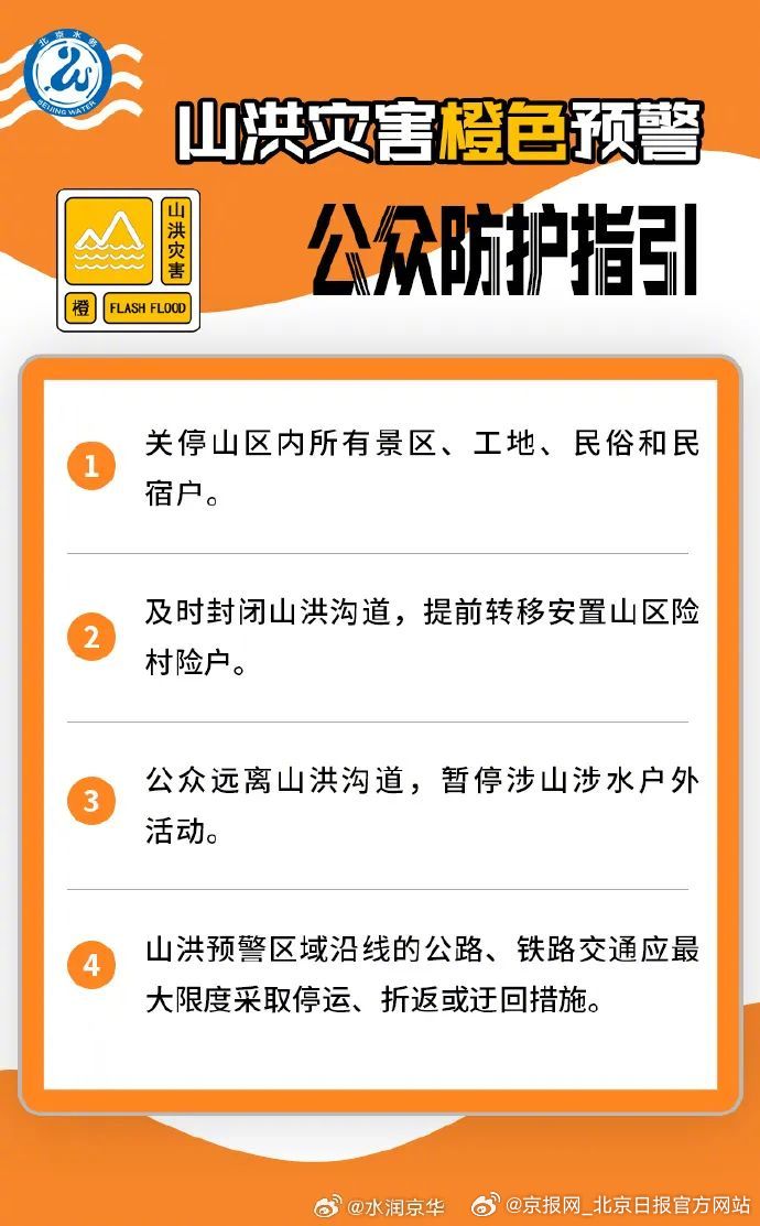 #山洪灾害橙色预警公众防护指引#【#北京请公众暂停涉山涉水户外活动#】市水务局与