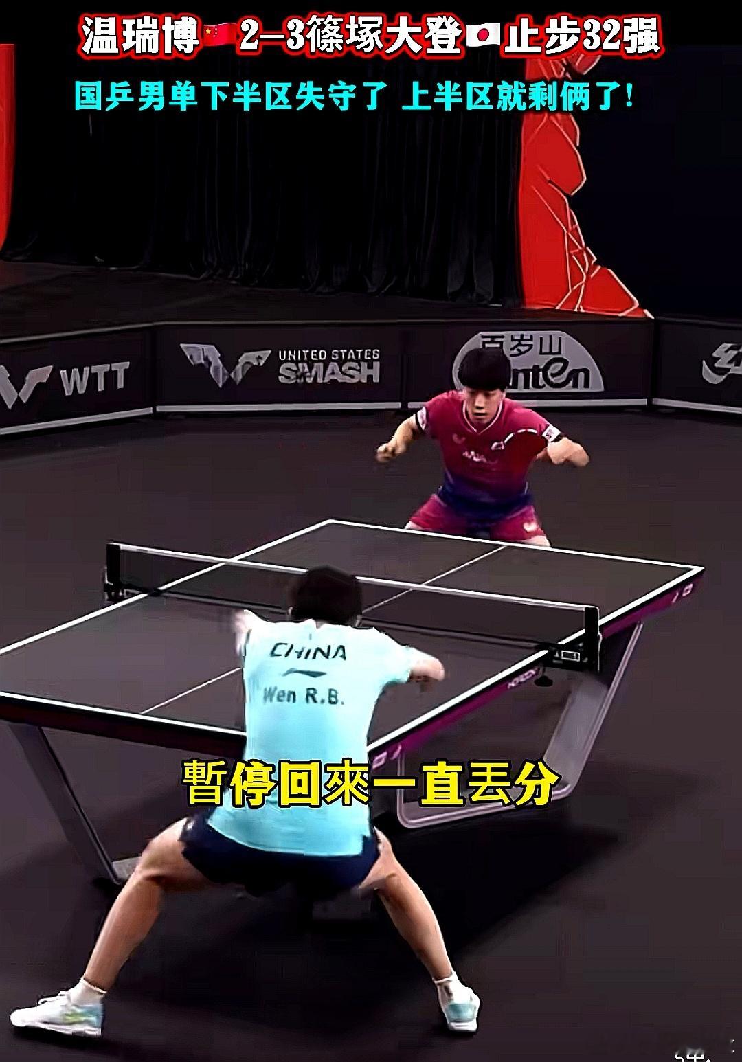 WTT美国大满贯，中国大陆国乒温瑞博2-3被日本队篠塚大登击败，止步32强 